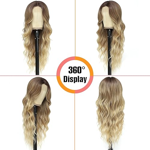 Miniatura 4 de WEIWENHEE Peluca larga rubia ombré, peluca ondulada con mezcla de rubio, parte media, línea capilar realista, fibra sintética resistente al calor,