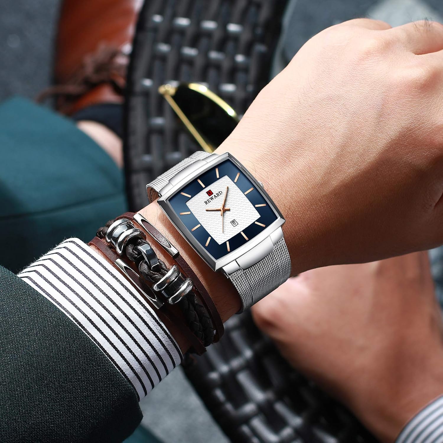 Gosasa Men's Square Waterproof Quartz Watch Casual Business Analog Watch with Date and Stainless Steel Mesh Strap
