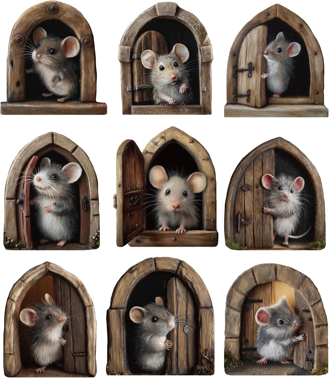PLIGREAT 9 Pcs 3D Mouse Hole Wall Sticker, Cute Wooden Door Mouse Wall Decal Removable Vinyl Peel and Stick Funny Animal Art Decor for Room Nursery Bathroom Kitchen Home Corner Decoration