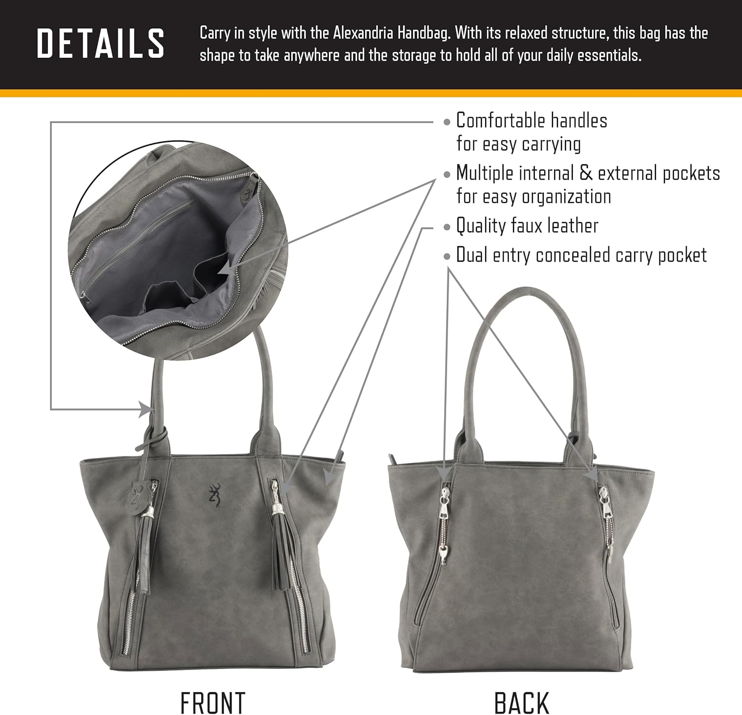 Browning Women's Concealed Carry Alexandria Purse, Premium Holstered Handbag With Safety Locking Option, Charcoal - Image 3