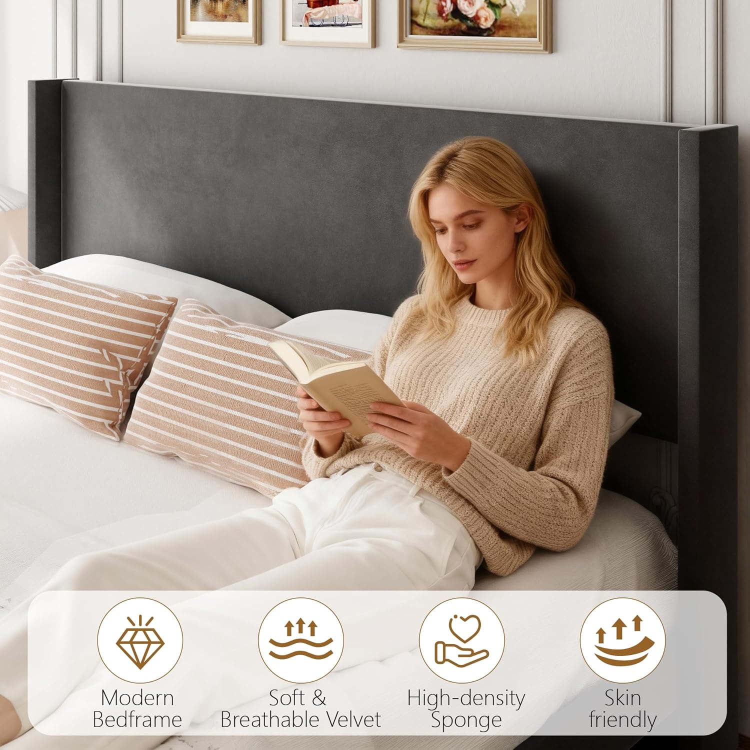 Sismplly King Bed Frame with Wingback Headboard, Velvet Upholstered Platform Bed with Wooden Slats, 6.46“ Under Bed Storage, Metal Support, Noise Free, No Box Spring Needed, Gray