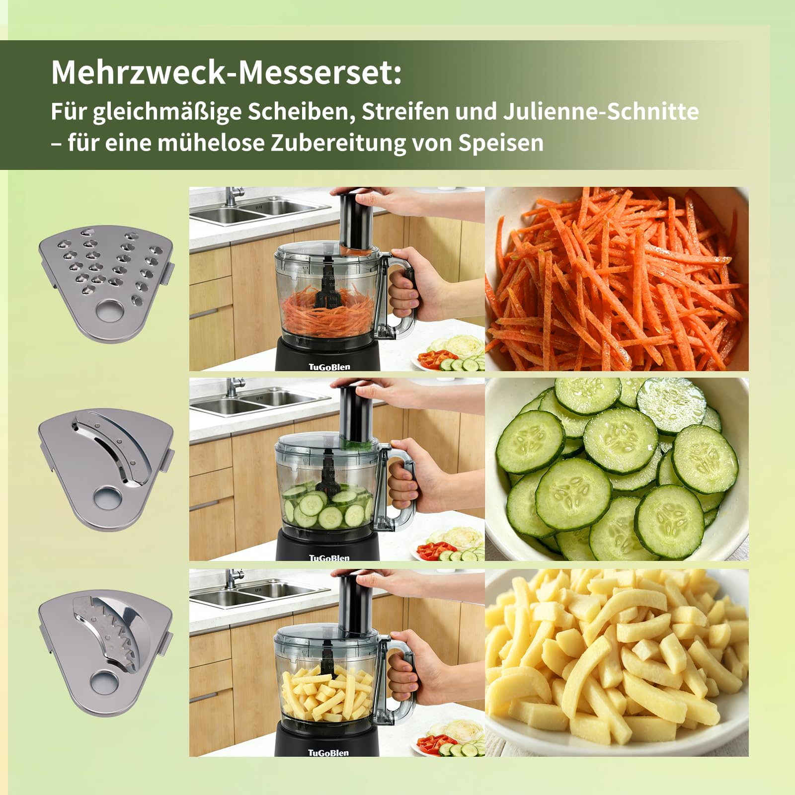 7-in-1 Küchenmaschine mit 2,5L-Verarbeitungsbehälter, 1,5L-Glasmixer, 200ml-Glasmühle, Knet- und S-Klingen, Reibe-, Schneide- und Pommes-Frites-Klingen zum Kochen,für Smoothies und Gewürze