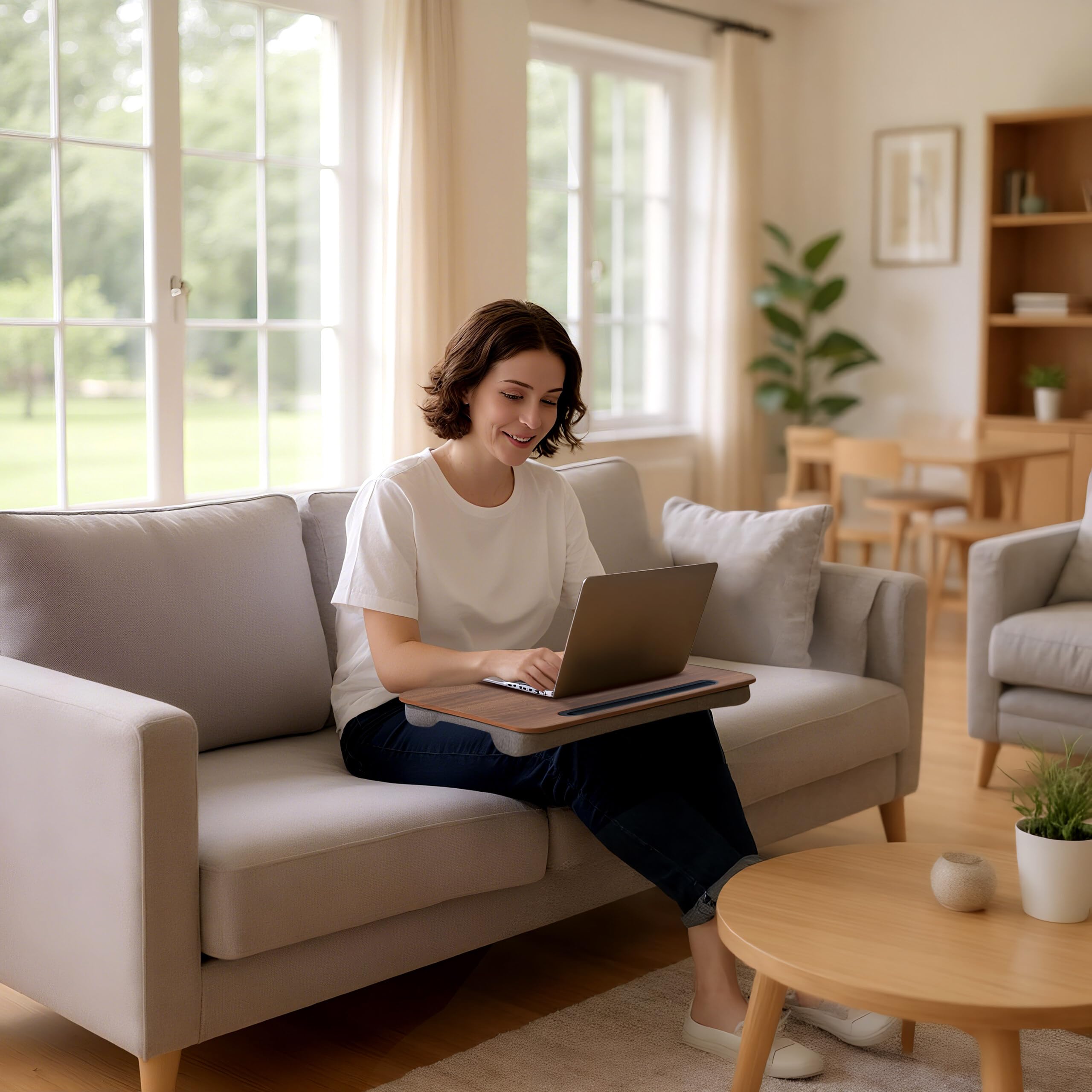 Coussin pour Ordinateur Relaxdays avec Support pour téléphone, 42 x 32 cm, Plateau au lit et sur Le canapé, Marron/Gris