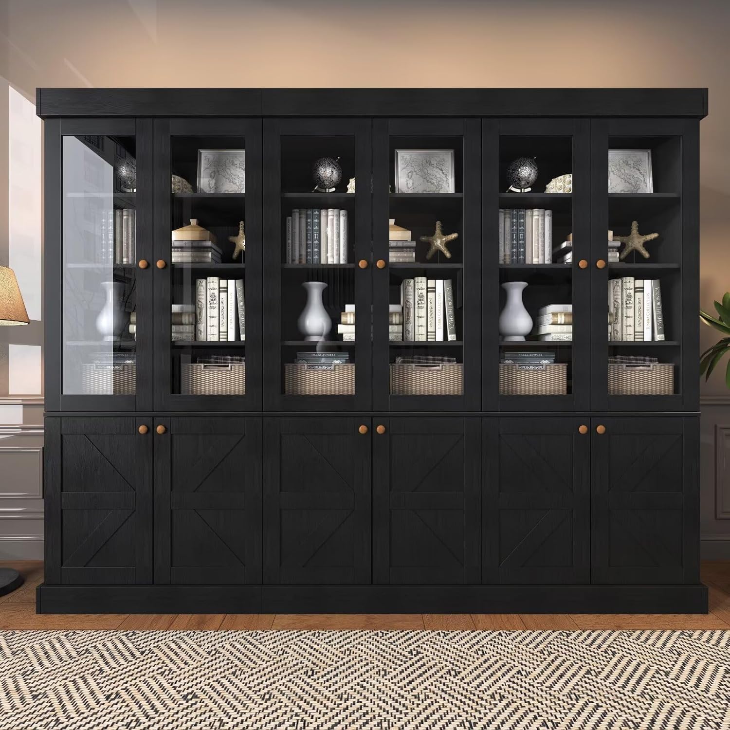 71" Tall Farmhouse Bookshelves with Glass Doors, Rustic Large Bookcase with Adjustable Shelves, Wooden Storage Cabinet for Living Room, Kitchen, Home Office, Dining Room, Black Glass Door-3 Pcs