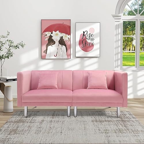 ManyStars Futón convertible de terciopelo, moderno sofá cama con 2 almohadas, 3 ángulos ajustables para respaldo, sofá de sala con 7 patas de metal