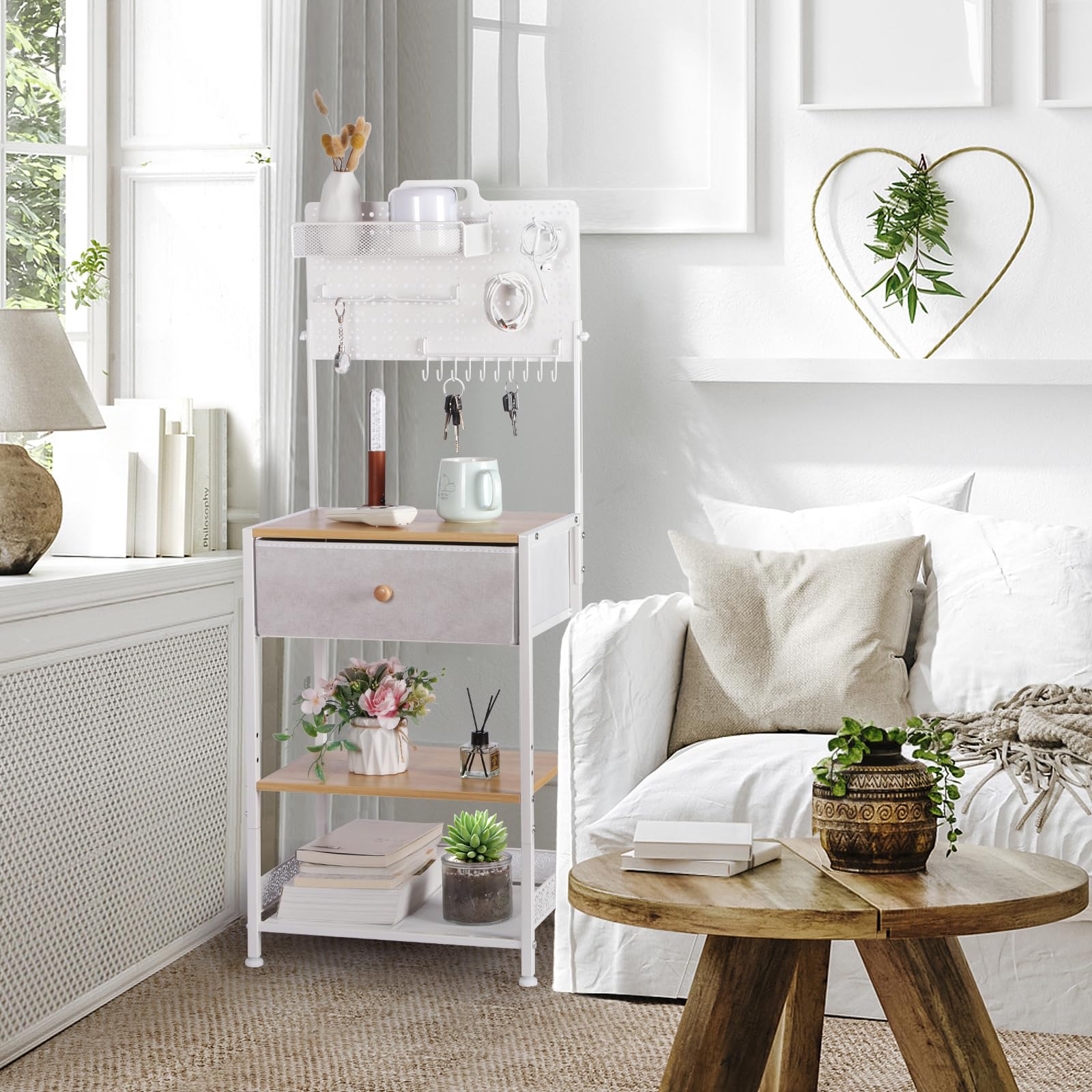 HYCFYJR Table de Chevet avec Porte Bijoux, Table de Nuit avec Tiroir en Tissu, Moderne Chevet de Lit, Bout de Canape pour Chambre, Salon, Naturel Blanc