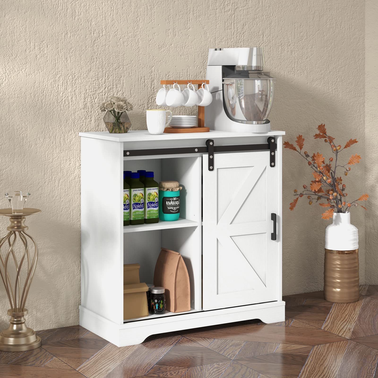 Panana Sideboard, Küchenschrank mit Schiebetür und Verstellbarem Regal, Aufbewahrungsschrank für Küche, Wohnzimmer, Esszimmer (Weiß), FRSB55