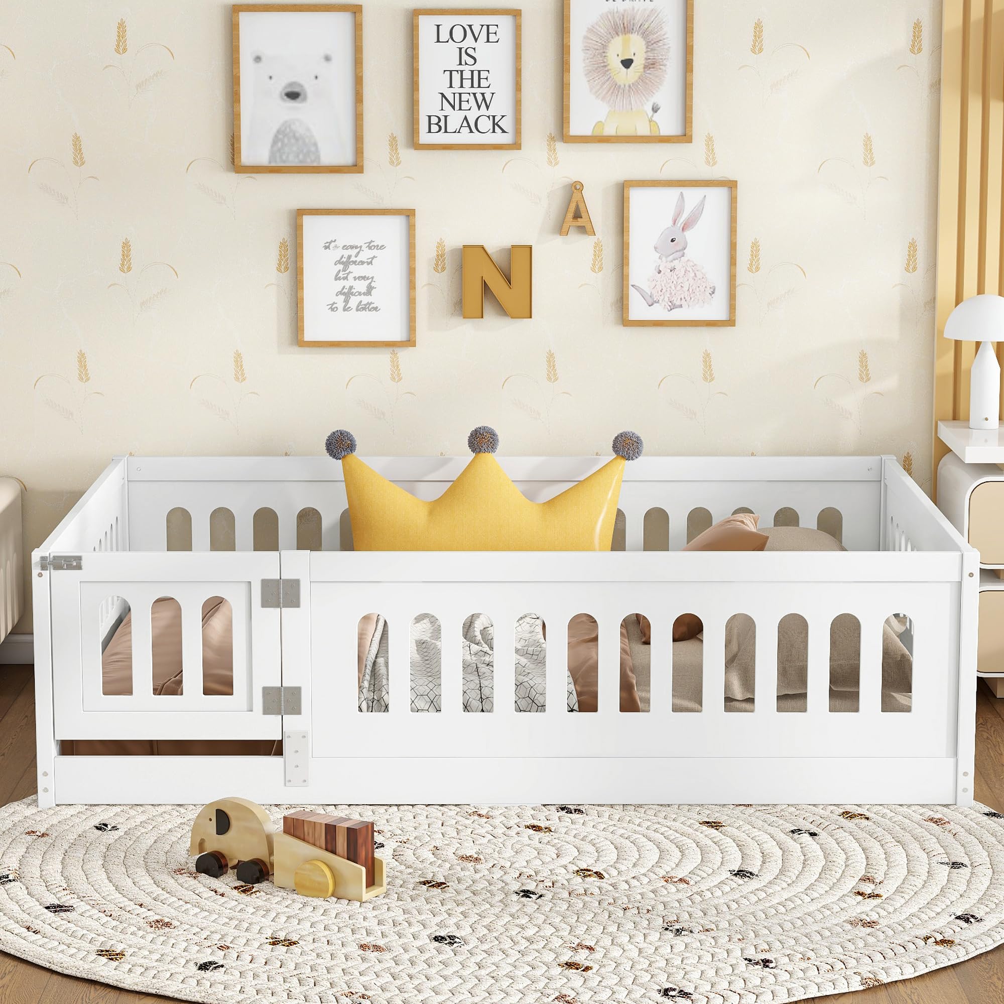 Ball & Cast Full Size Montessori Floor Bed with Heightened Safety Guardrails and Door,Playhouse Wood Bedframe with Slats,Rails and Security Barrier,for Kids,Girls,Boys,Bedroom,Easy Assembly,White