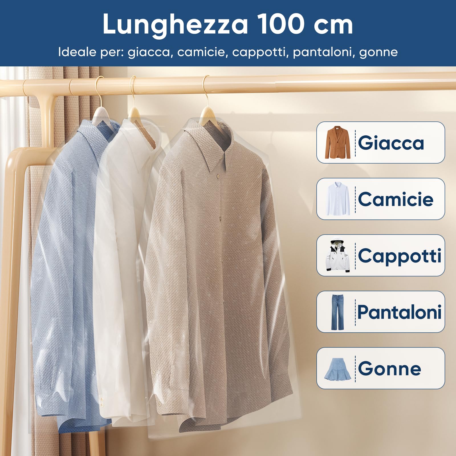 100 pezzi copriabiti trasparenti 60 × 100 cm, sacchetti porta abiti in plastica spessa, anti-polvere e anti-tarme, ideali per armadio, lavanderia e viaggio