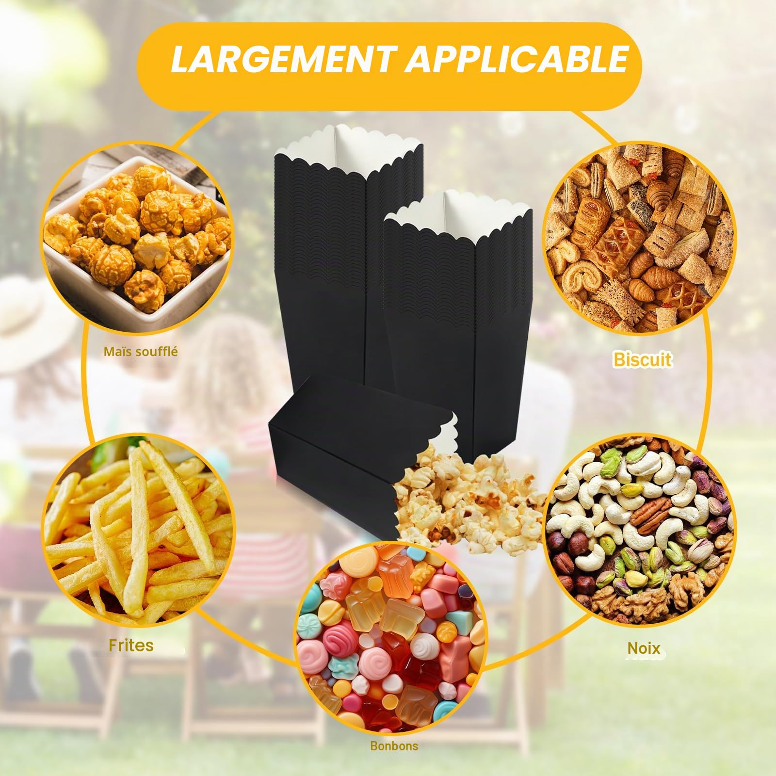 Lot de 100 sachets à pop-corn réutilisables en carton, sacs en papier de fête, petits sacs à pop-corn, boîte à goûter pour soirée cinéma, fête d'anniversaire, Noël (noir)
