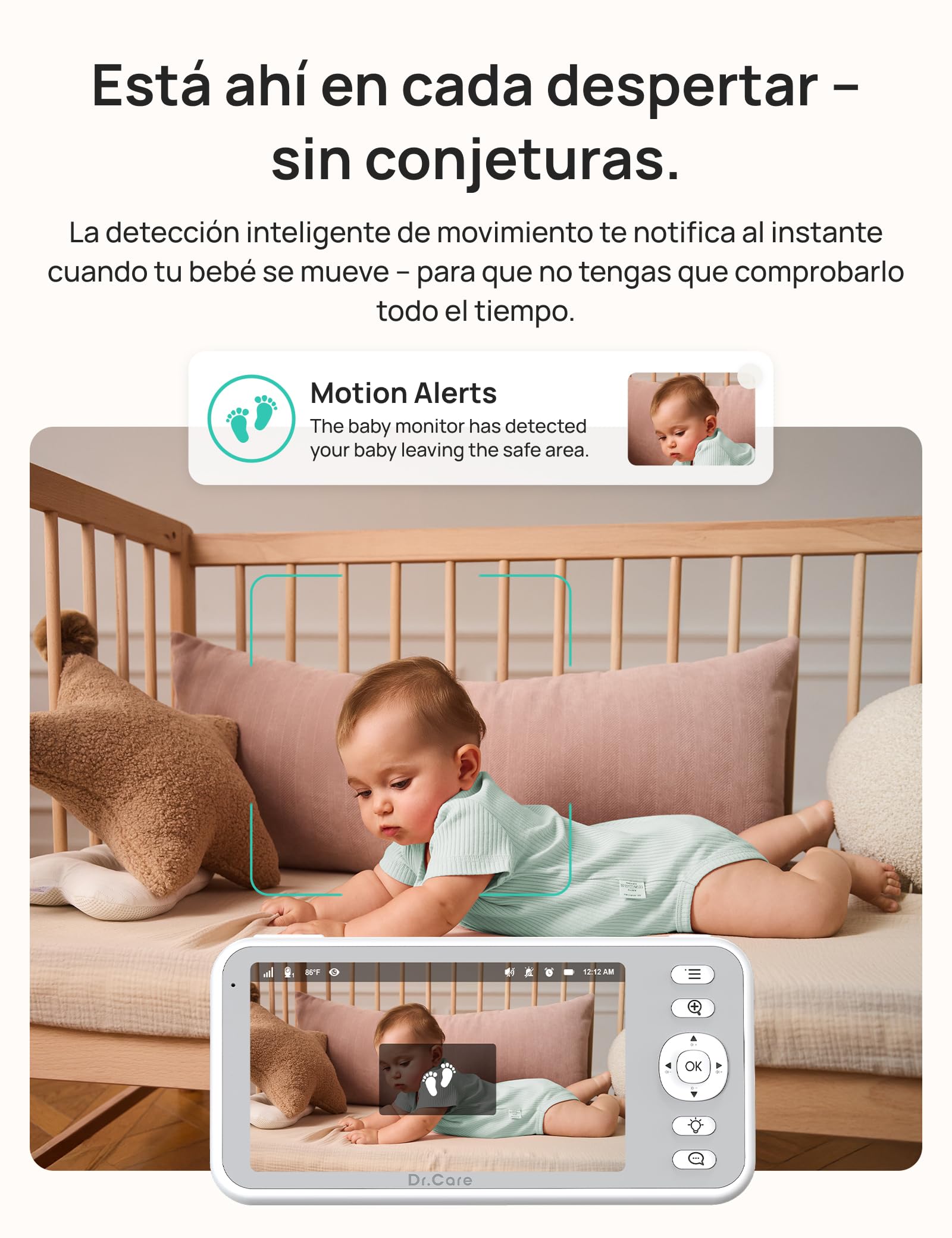 Dr.Care LumiView Cámara Vigilancia Bebé WiFi Inteligente con Clip - Pantalla 5" 1080P & 2K, Control App, Modo Privacidad, Batería 5000mAh, Alertas Llanto y Movimiento, Visión Nocturna, Luz RGB
