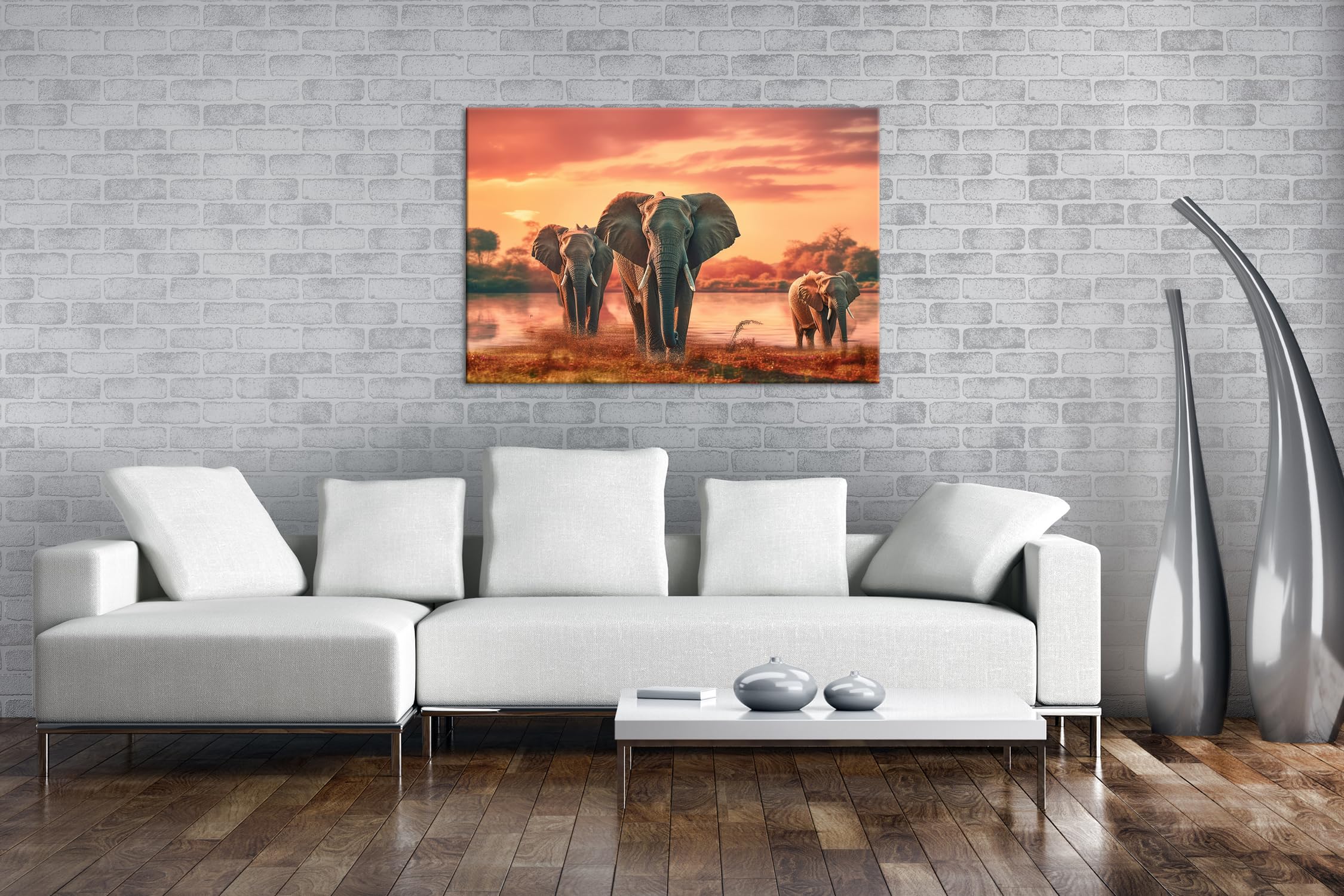 Leinwandbild Elefanten im Sonnenuntergang, Wasserreflexionen Format: 120x80 cm XXL Kunstdruck Bild auf Keilrahmen/Wandbild/Wohnzimmer Deko