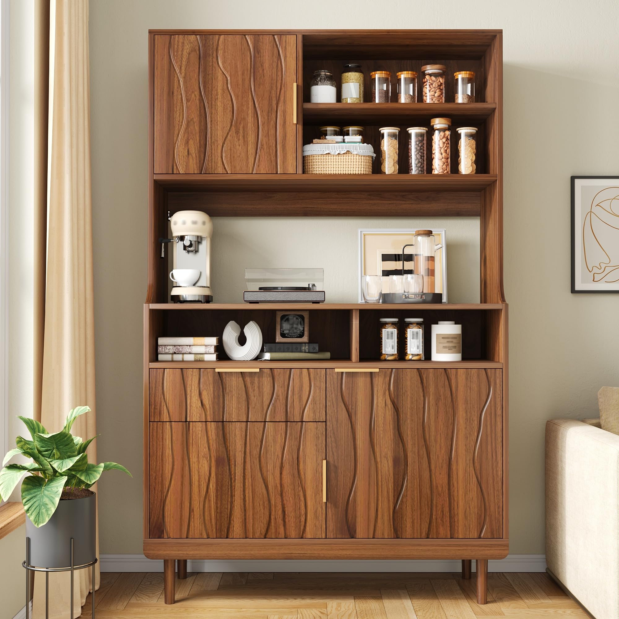 Credenza con cassetto, ante, scaffali aperti, armadietto alto, armadio da cucina, buffet, armadietto portaoggetti, MDF, PB, armadio in legno con piedini in legno massello, noce