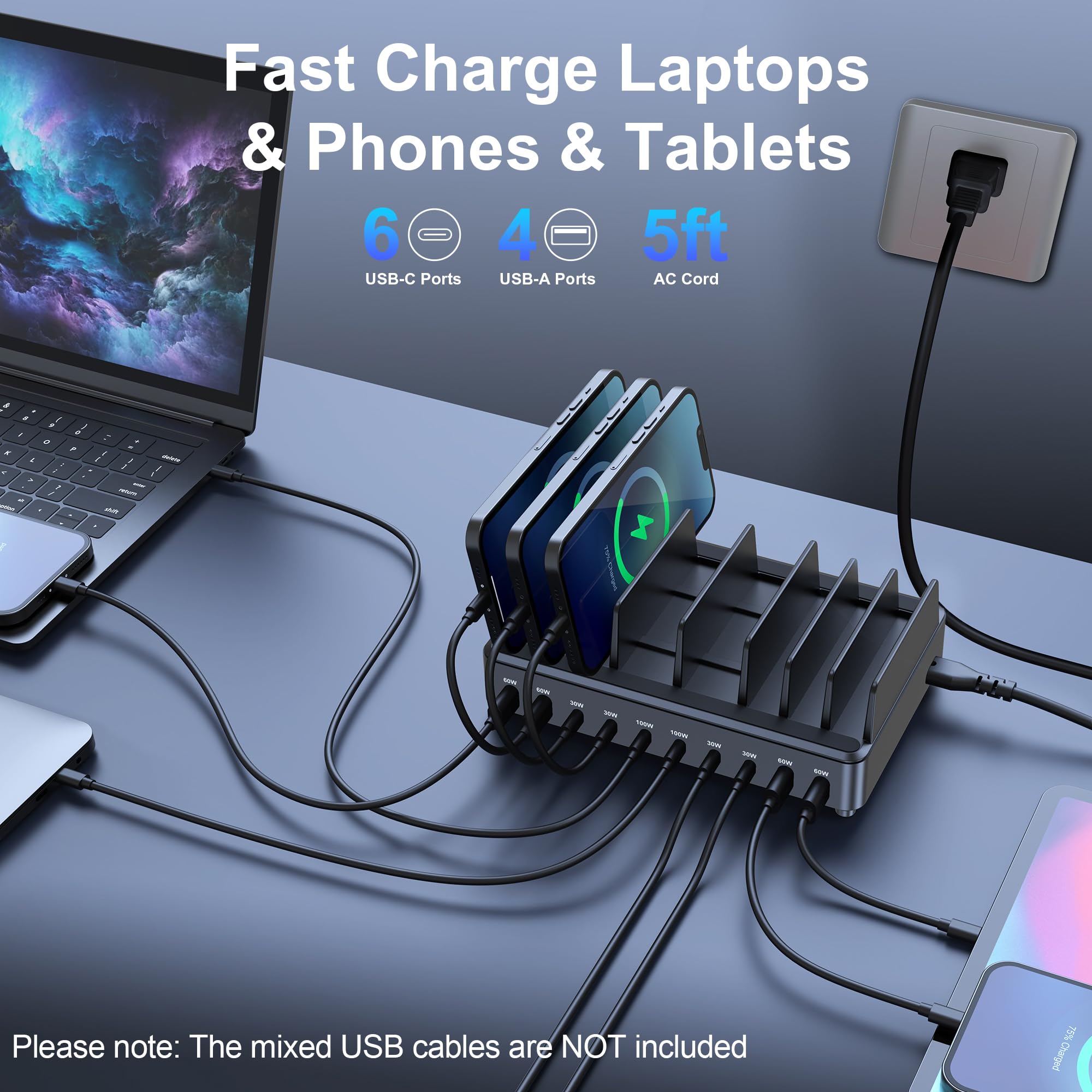 CHIPOFY Estación de carga de 500 W para múltiples dispositivos, estación de carga rápida multiUSB C de 10 puertos con soporte organizador para MacBook Laptop, iPad, iPhone 16 15 Pro Max, Galaxy S25