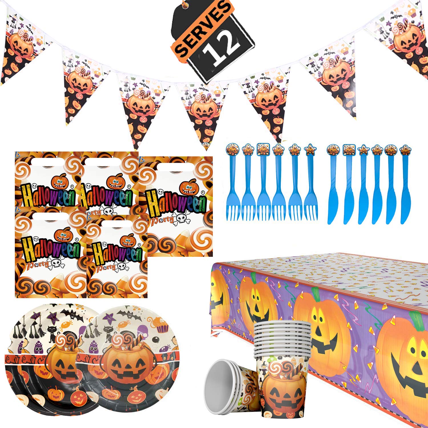 Geenber Halloween Party Supplies Set Including Banner, Plates, Cups, Tablecloth, Forks, and Knives, Complete Birthday Party Decorations Accessories Kit Serves 12