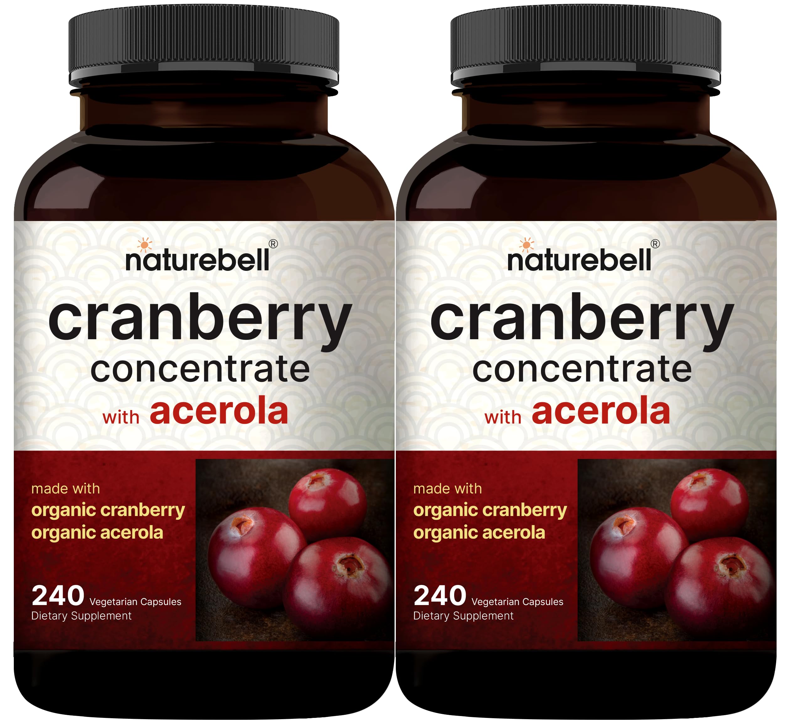 2 Pack Cranberry Concentrate with Acerola, 240 Vegetarian Capsules | Organic Cranberry Fruit Extract with Organic Acerola Cherry – Non-GMO, cGMP Manufactured