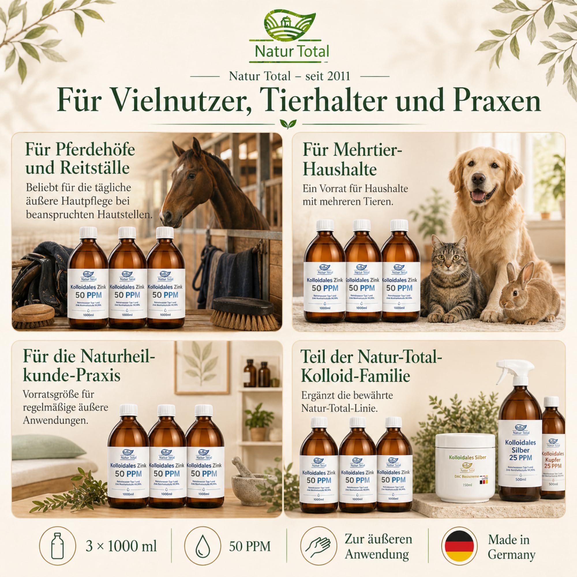 Natur Total Kolloidales Zink 50 PPM 3x1000ml XXL-Profi-Set | 3 Apotheker-Braunglasflaschen | Reinstwasser Typ 1 | 99,99% Zink | Für Pferdehöfe, Praxen & Vielnutzer | Made in Germany seit 2011