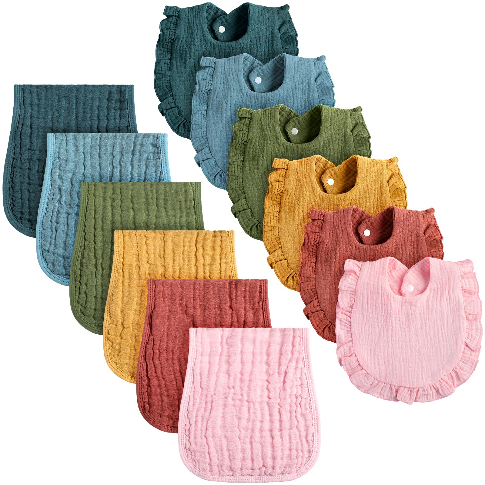 Newcotte 12 Pcs Baby Muslin Bibs and Burp Cloths Set Cotton Absorbent Baby Bibs Burping Cloths for Toddler Unisex Girls Boys Soft Adjustable Drooling