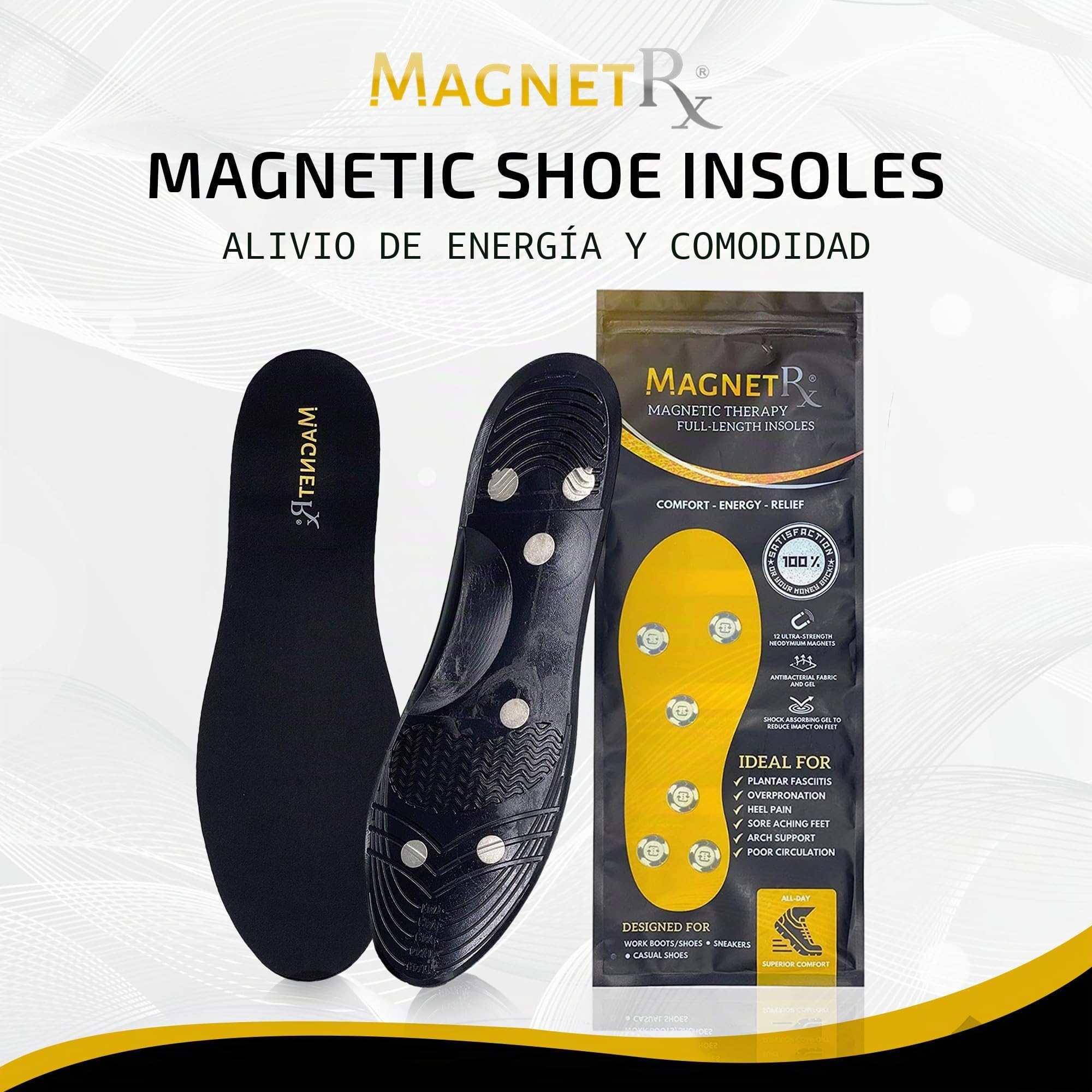 MagnetRX Insertos magnéticos para zapatos – Inserciones magnéticas eficaces para zapatos con imanes de pie – Plantillas magnéticas de gel cómodas para hombres (hombres: US 7-12 / EU 41-46)