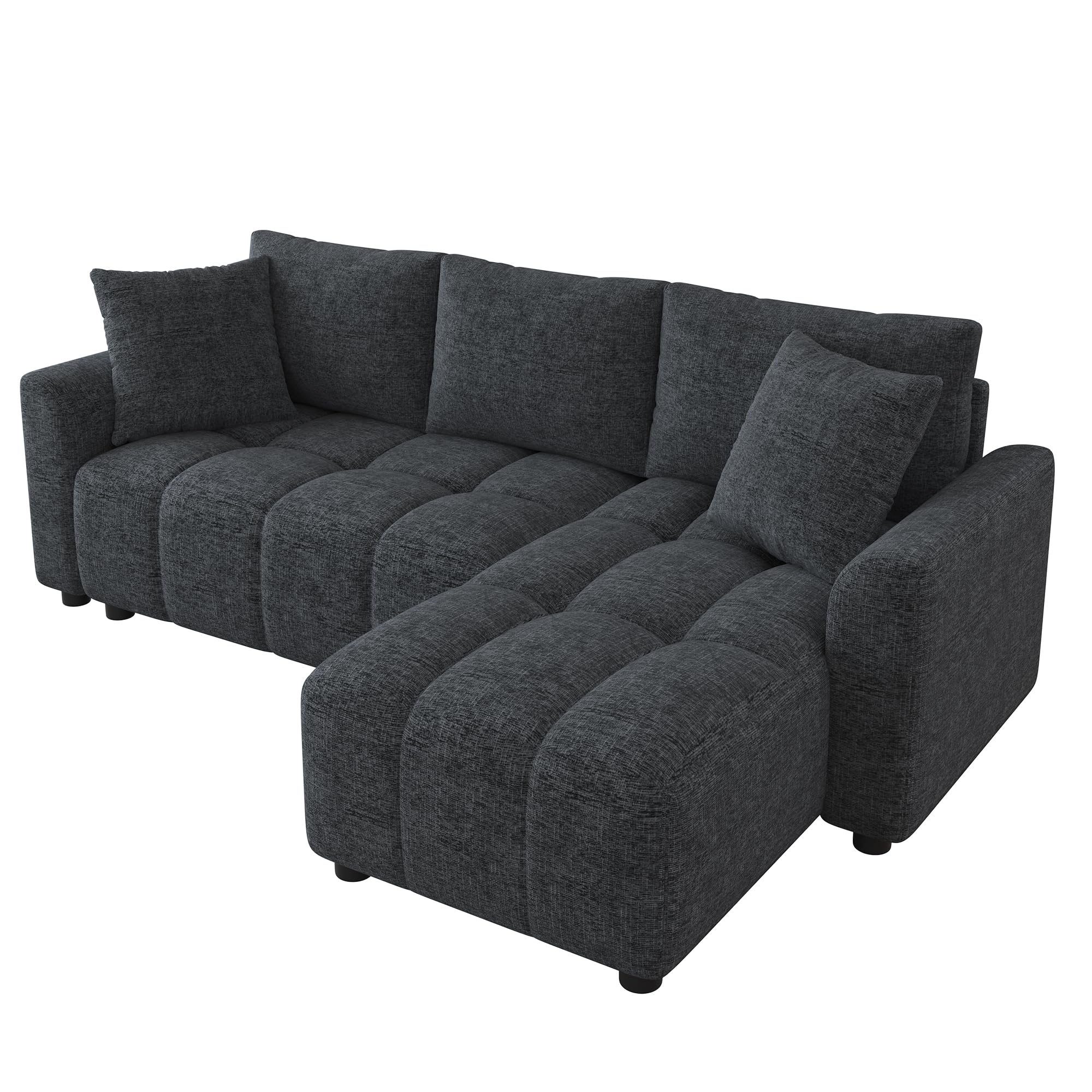 Divano a 3 posti, in ciniglia, grigio, 82,5 x 127 x 204 cm, divano ad angolo trasformabile, a forma di L, con 2 cuscini decorativi, adatto per soggiorno e appartamento