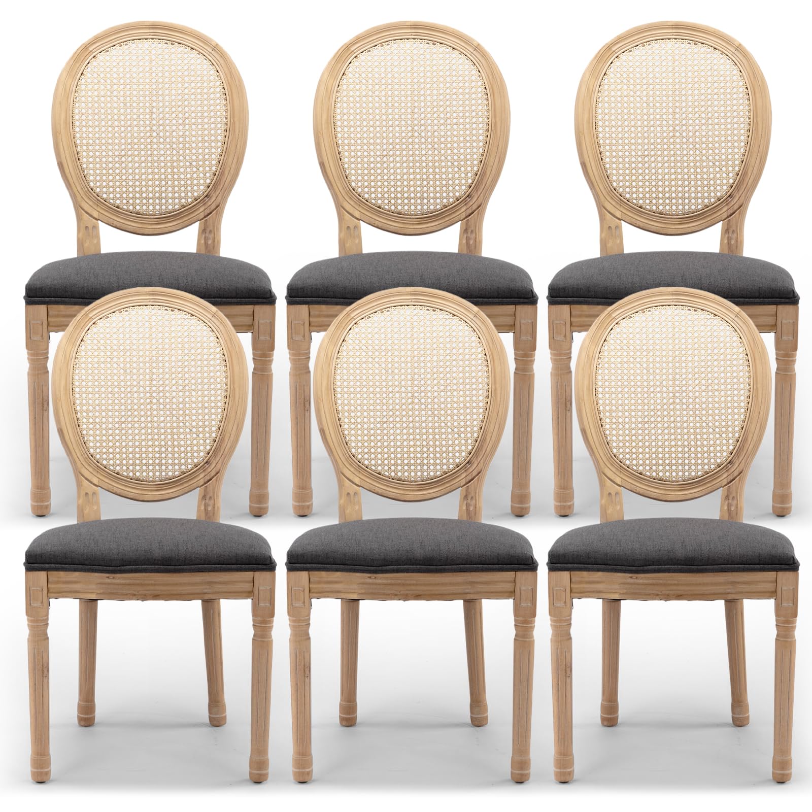SoarTalent Rattan Back Upholstered Dining Chairs Set of 6 French Country Oval Kitchen Side Chairs with Wood Legs for Dining Room, Kitchen, Restaurant(