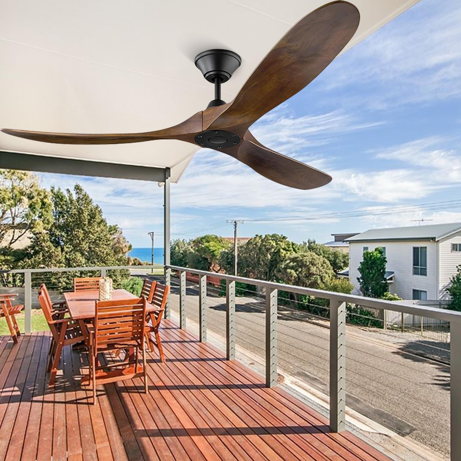 52" Ceiling Fan with Remote Control No Lights, Farmhouse Quiet Reversible DC Motor Indoor Outdoor 3 Blades Solid Wood Ceiling Fans for Patios Bedroom Office Exterior Living Room