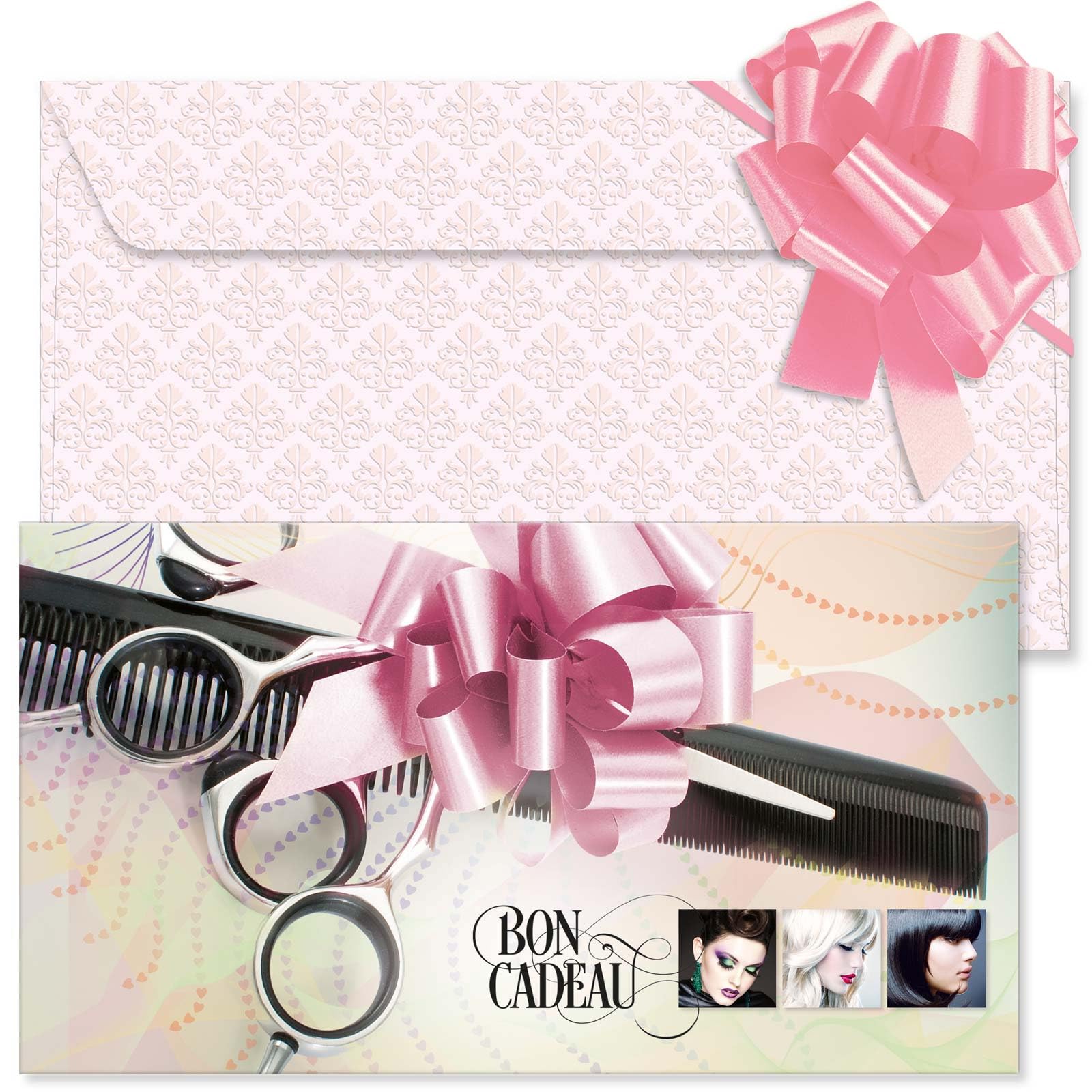 POS BON - 100 bons cadeaux à remplir avec enveloppe/nœud ruban - formulaires imprimés pour des salons de coiffure K1267F2-100-V1
