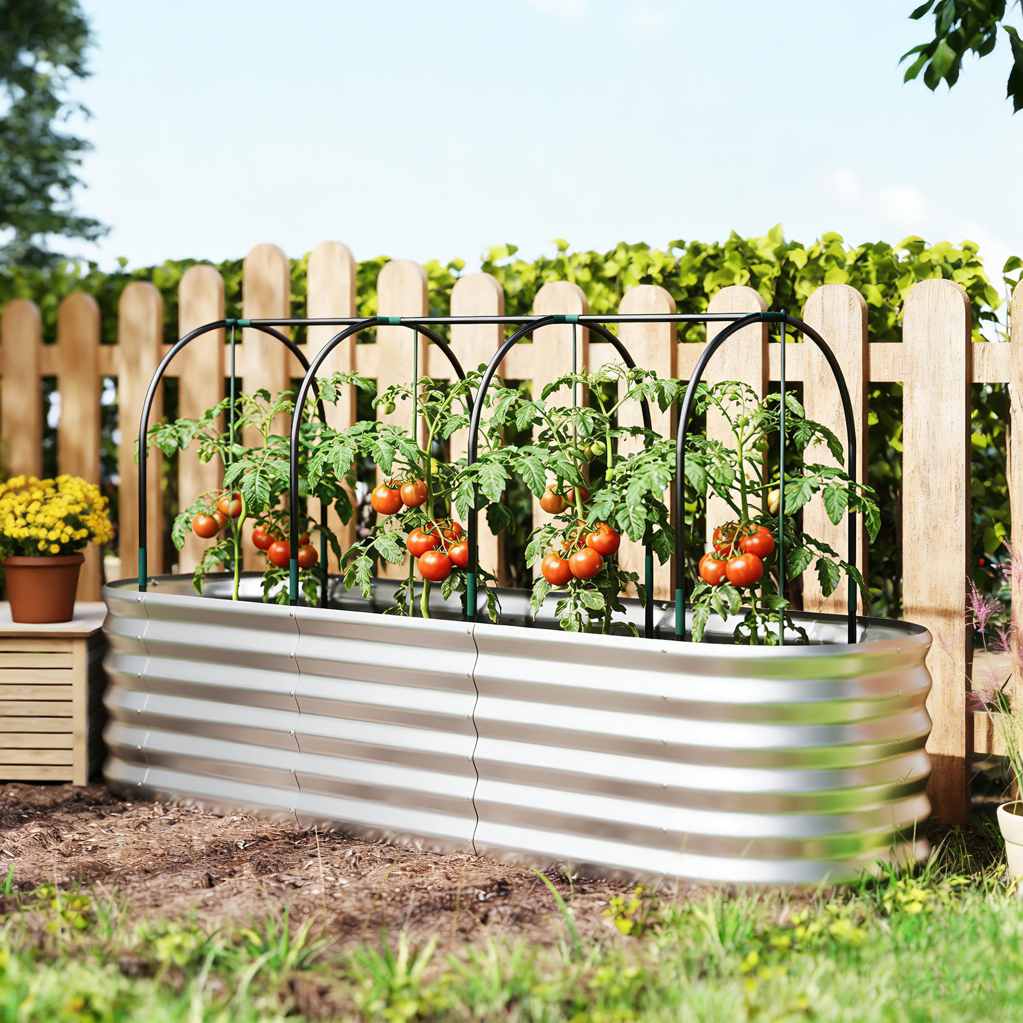 Outsunny Orto Rialzato da Esterno con Graticcio per Piante Rampicanti, Serra Coperture, Fioriera da Esterno Elevata in Acciaio con Fondo Aperto e Guanti, Verdure e Fiori, 200x60x103 cm, Argento