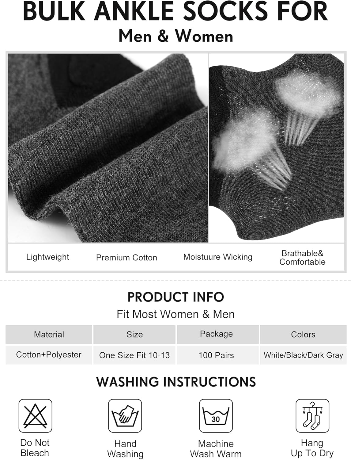 Tarpop Bulk Socks Mens Moisture Wicking Casual Sports Ankle Socks Bulk for Homeless Unisex Adult