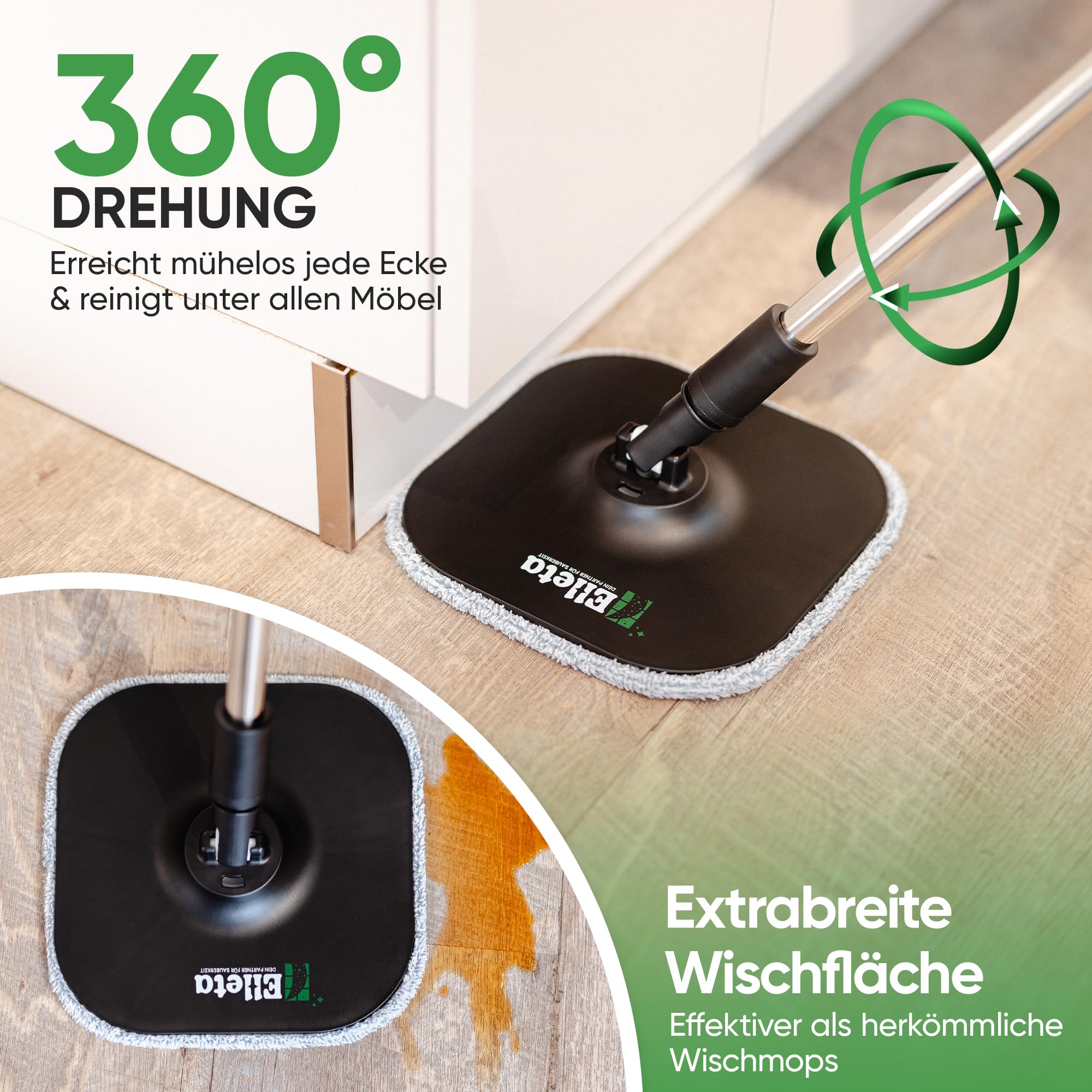 Wischmopp Set mit Eimer - 360° drehbarer Wischer für den Boden, Bodenwischer Mop Set & Wischeimer | Innovative Mikrofaser-Pads als Staub- & Schmutzmagnet, Wischmop & Putzeimer mit 2-Kammer-System