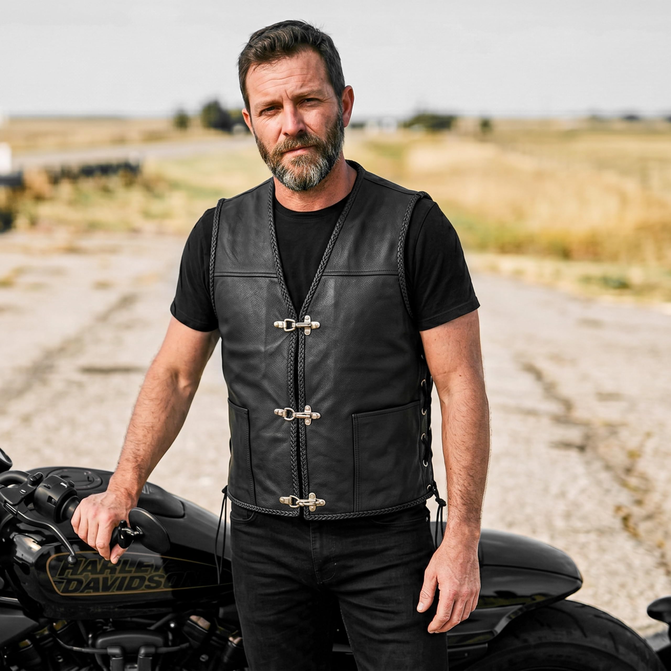 Leatherick Chaleco de motorista de cuero estilo anzuelo de cuero genuino para hombre