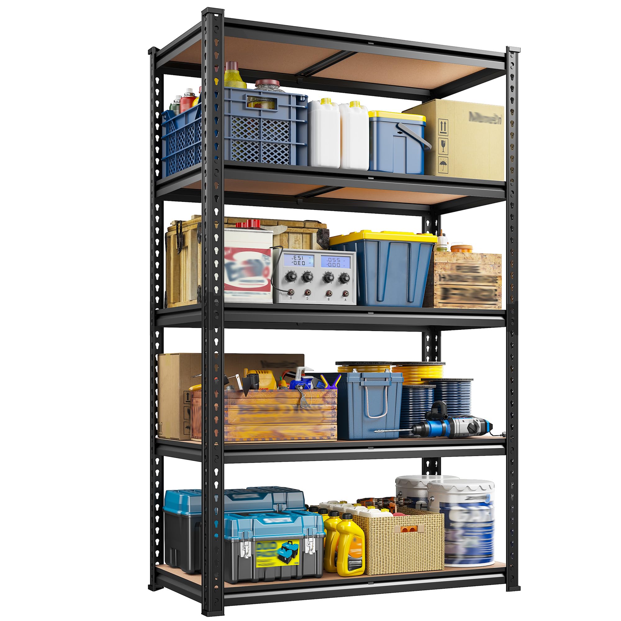 REIBII 5-Tier Metal Garage Shelving Units, 90WX30.5DX183.5Hcm - 900KG Load Heavy Duty Shelving Units for Storage with 5 Adjustable Metal Shelving and MDF Board, Easy To Assemble, Warehouse, Black