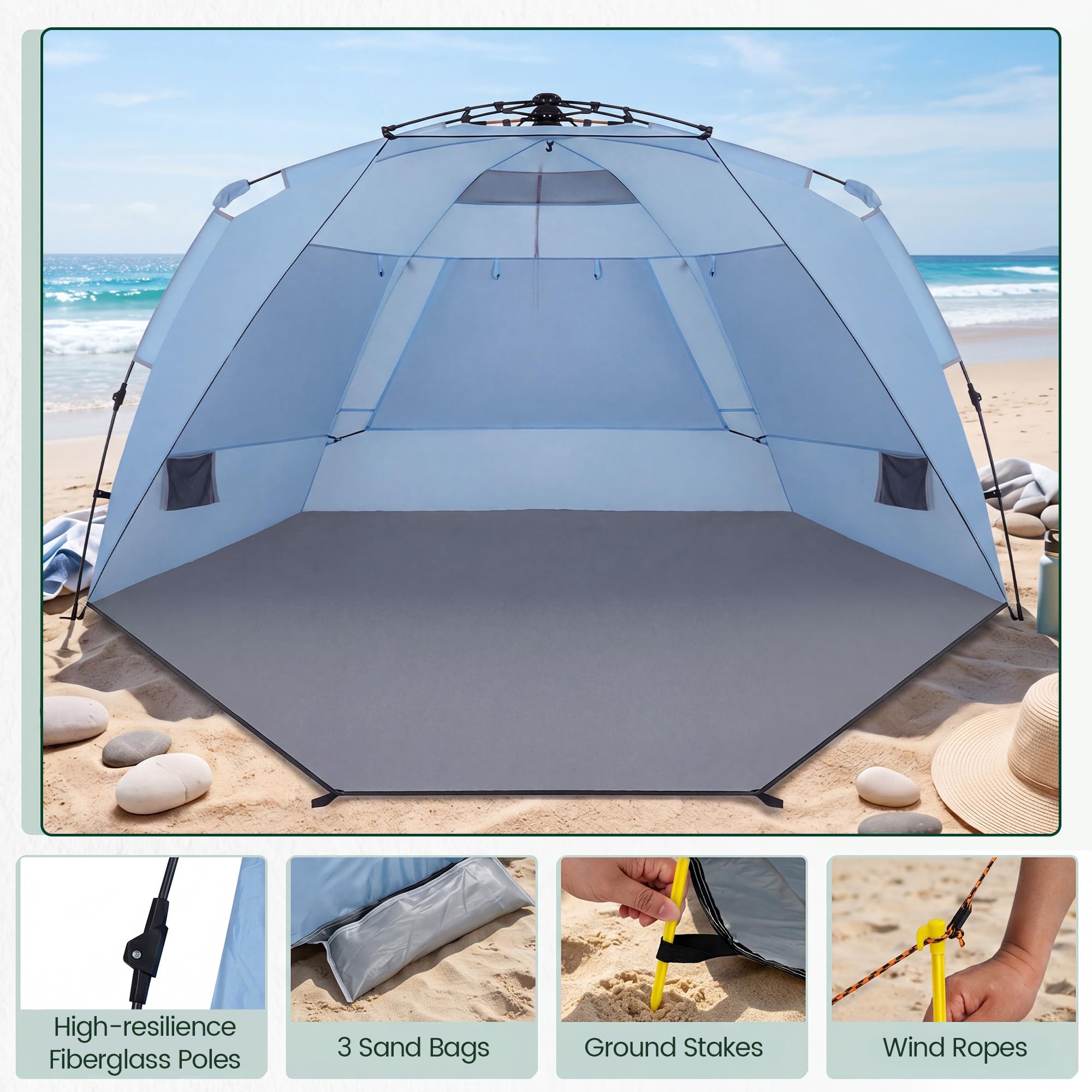 HOMASIS Tenda da Spiaggia a 3 Posti, Tenda Pieghevole Pop up Resistente e Antivento con Finestre e Tasce, in Tessuto Impermeabile, con Borsa da Trasporto, per Campeggio e Mare, 278 x 140 x 160 cm, Blu