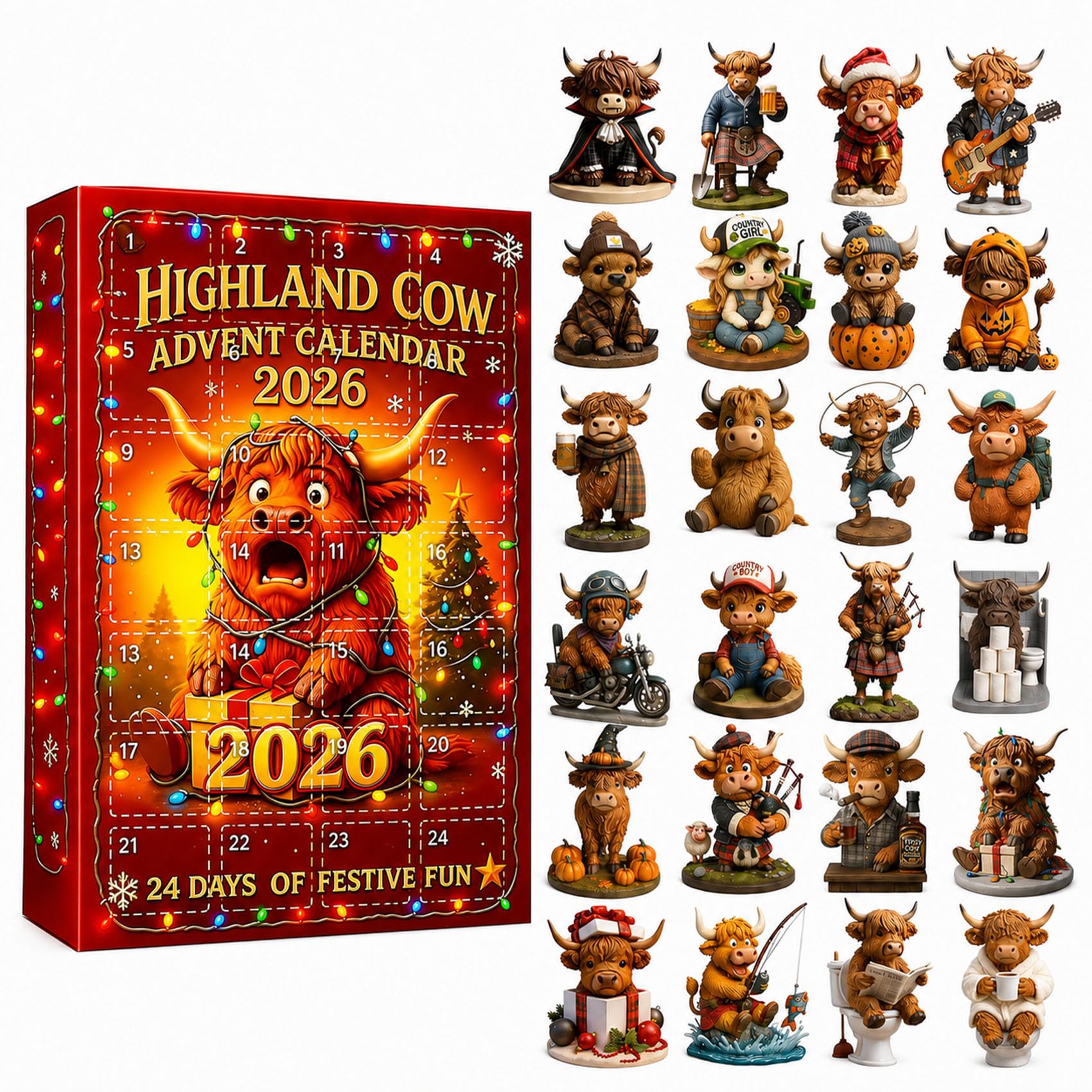 Highland Cow Adventskalender 2026 – 24 3D Mini-Rinder (#A)