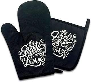 The Secret Ingredient is Always Love, Funny Oven Mitts and Potholders (Set of 2) with Hanging Loop Silicone Non-Slip, Sweet Housewarming Gift for Women, Men, Baker,Handsome