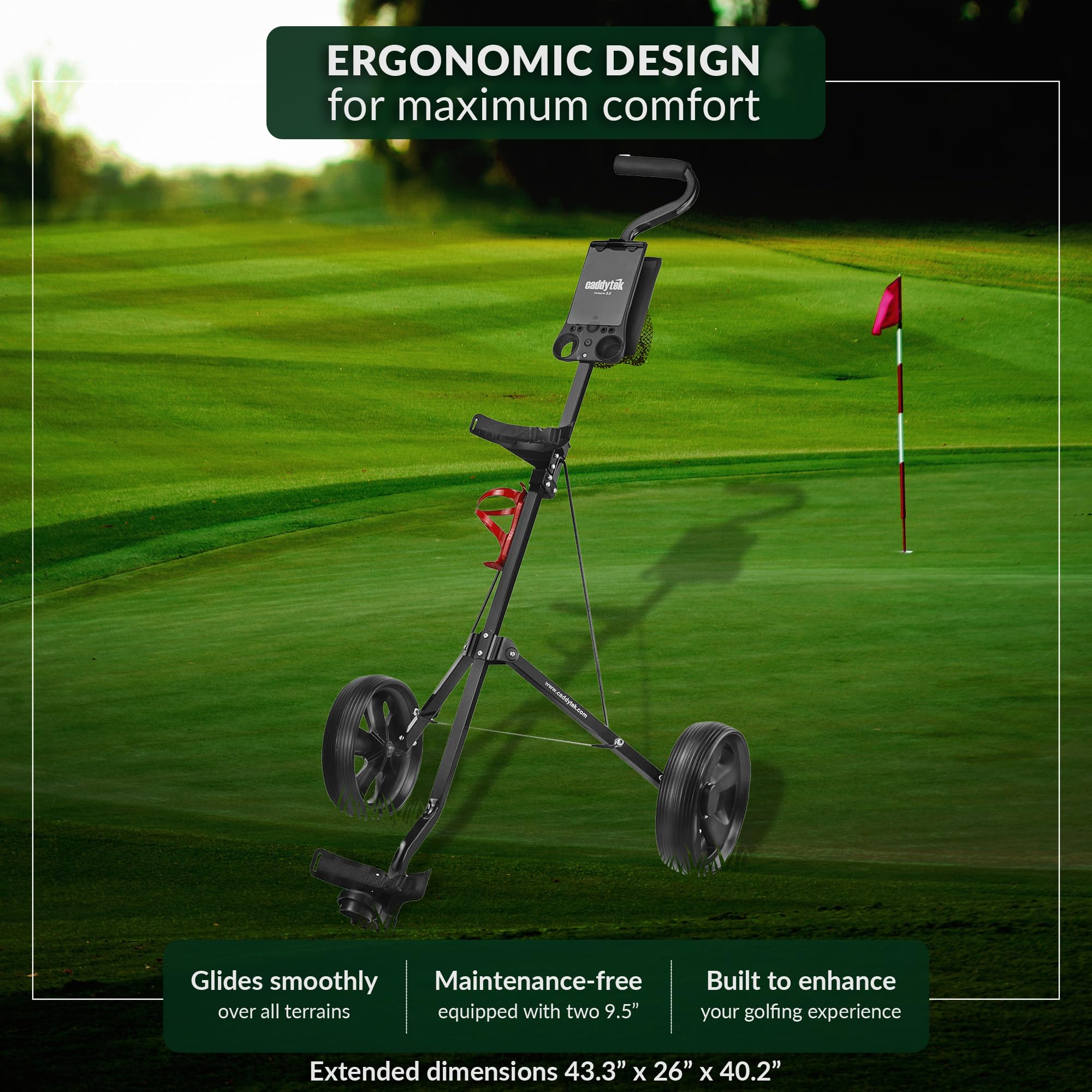 CaddyTek Golfwagen mit 2 Rädern, luxuriös, leicht, Faltbarer kompakter Trolley mit Aluminiumrahmen, Eva-Rädern, Netz-Aufbewahrung, ergonomischem Griff und Getränkehalter