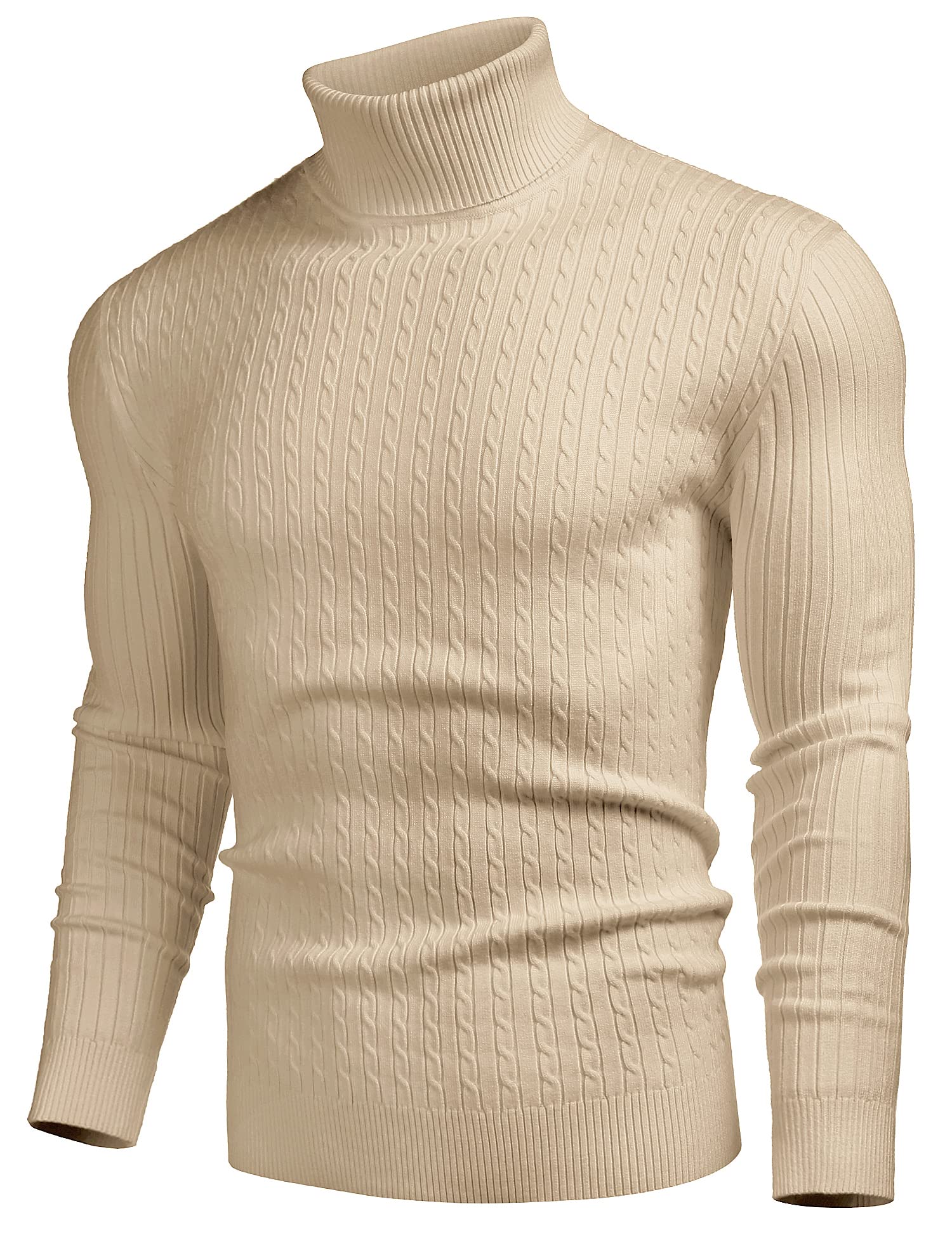 Coofandy, maglione da uomo slim fit, a collo alto, casual, con motivo a torsione, Khaki chiaro , S