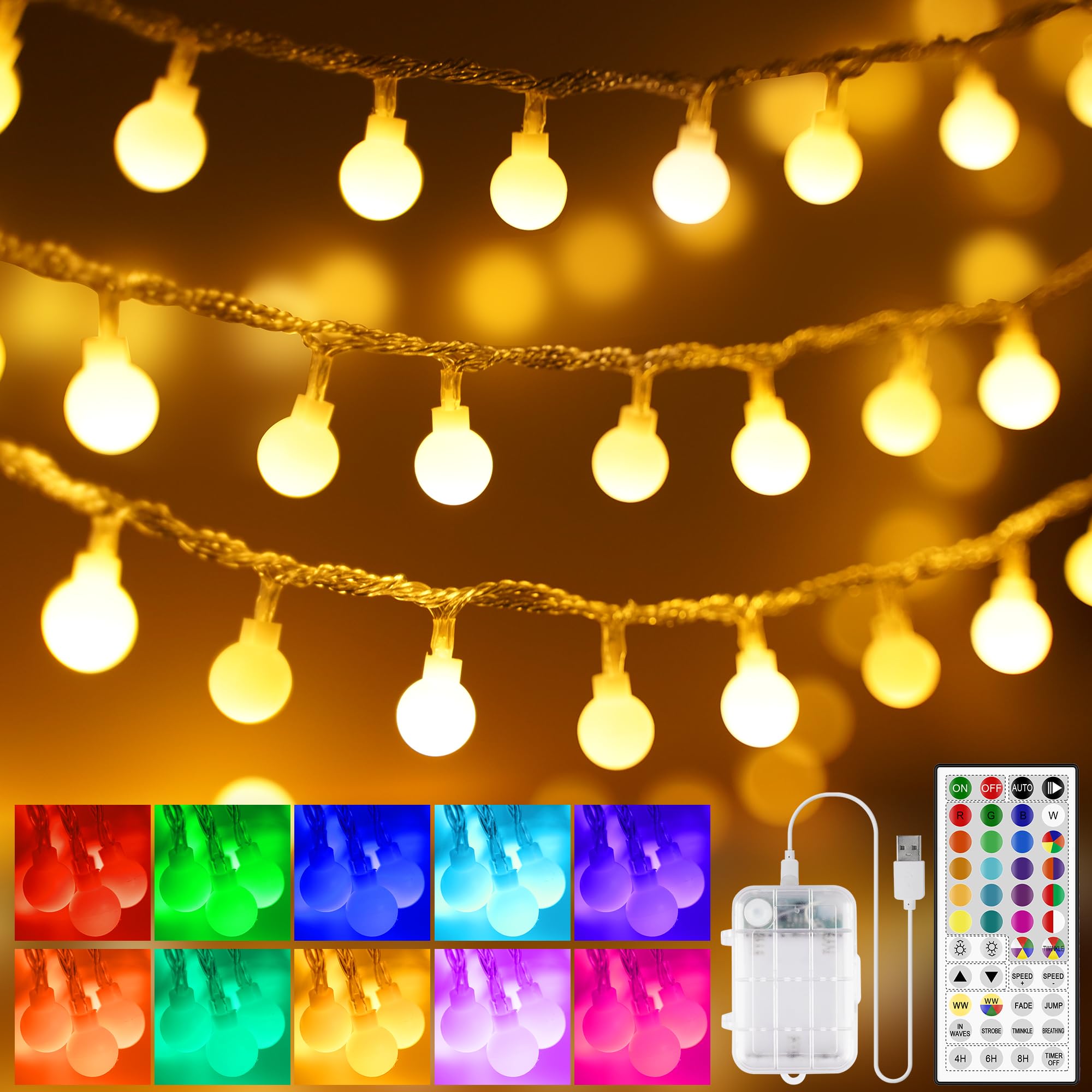 OMIKA 33 FT Globe Battery Powered String Lights, 60 LED