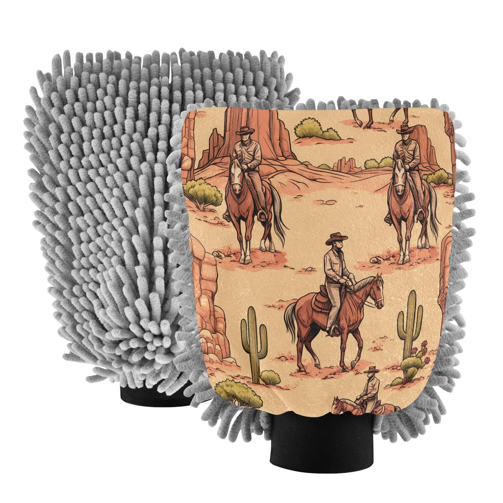 Hezely Cowboy Rides A Horse Across The Car Wash Mitt, 2PK Scratch Free Lint-Free for Car Washing and Detailing