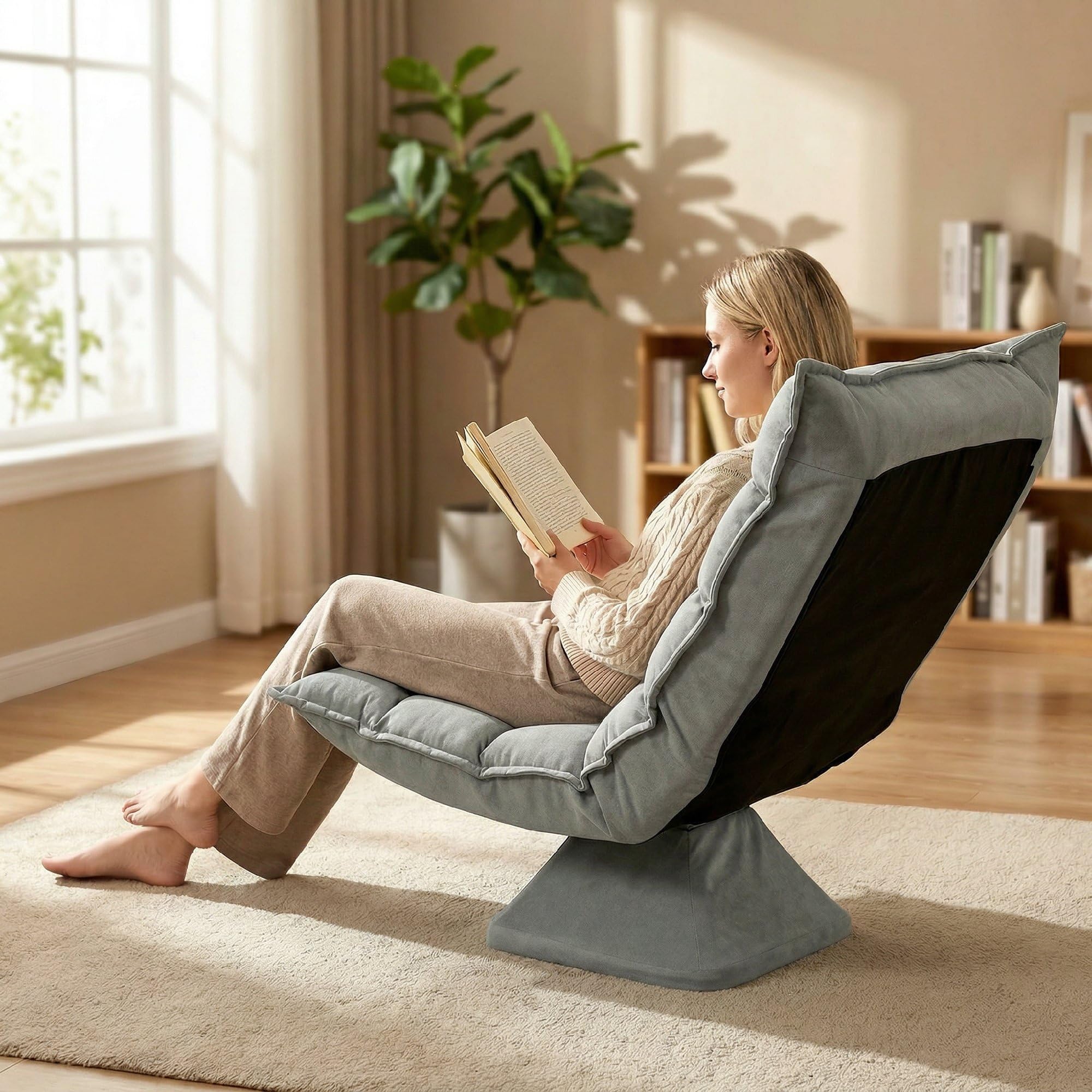 HOMCOM Poltrona Relax Girevole 360° con Schienale Regolabile in 5 Posizioni, Poltrona da Terra con Seduta Ampia Imbottita Spessa in Microfibra Effetto Velluto, per Soggiorno Lettura, Grigio Chiaro