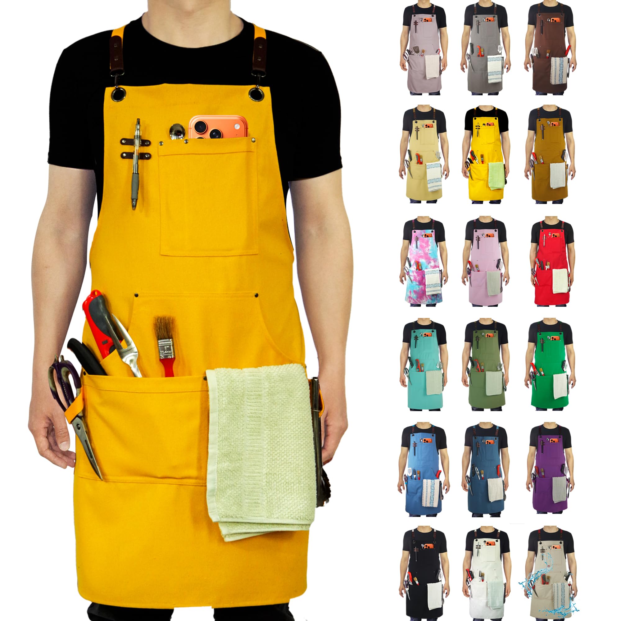Stenffy Kitchen Apron, Work Apron, Multiple Pockets for Gardening, Artist, Painting, BBQ, Carpenter, Sizes M to XXL, Yellow