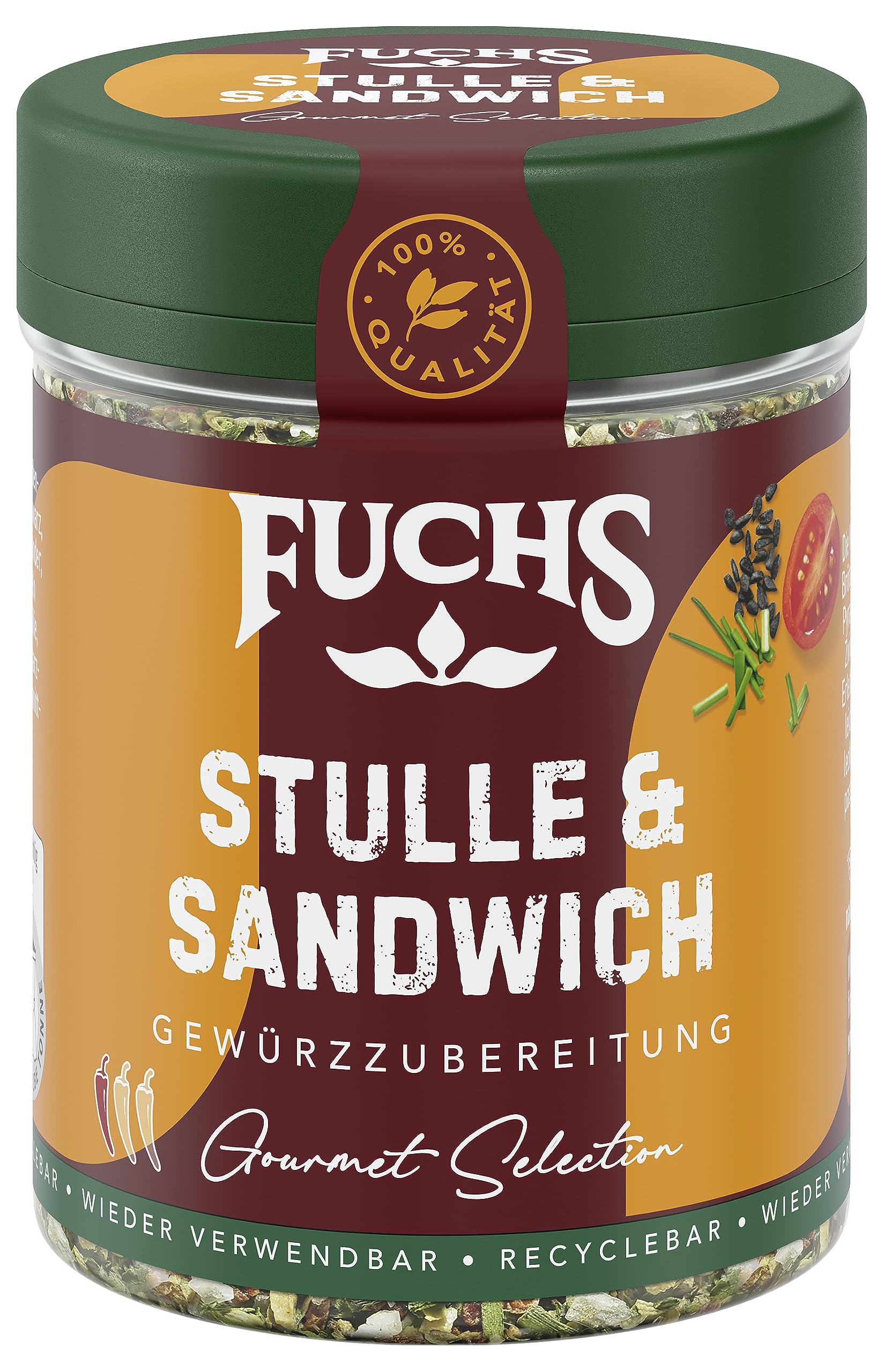 Fuchs Gewürze - Stulle & Sandwich Gewürz - crunchy Butterbrot Topping mit Pyramidenflocken und getoasteten Zwiebeln - aus natürlichen Zutaten - 50 g in wiederverwendbarer, recyclebarer Dose