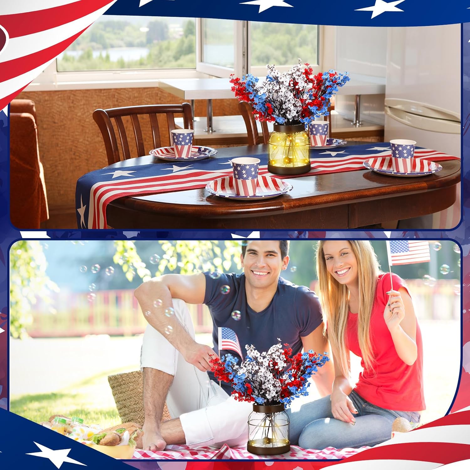Knitgrip 1 Set Patriotic Artificial Flowers with Glass Vase Red Blue White Baby Breath Decoration 4th of July 250th Anniversary Clear Rustic Lights Vase for Floral Arrangement Table Centerpieces Gifts