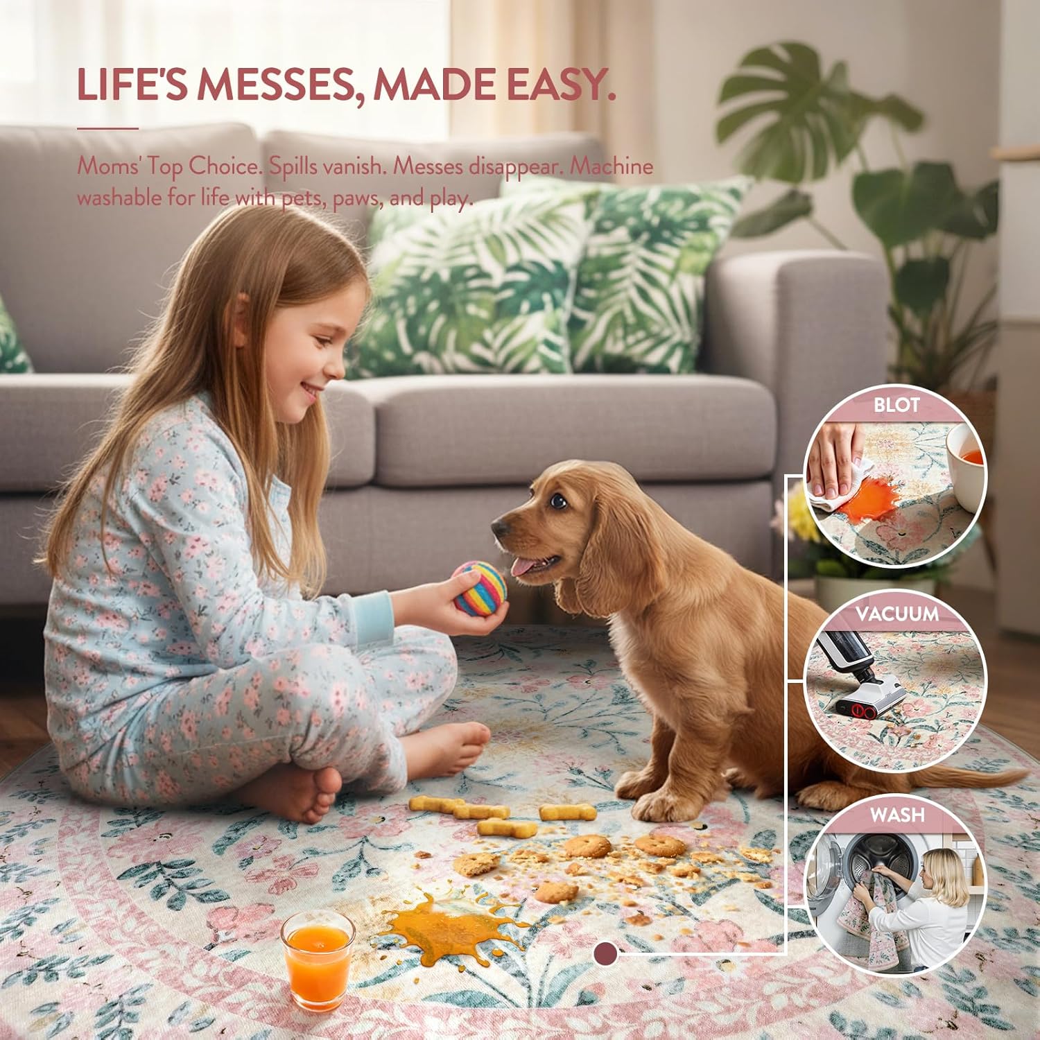 Lahome Sylvie Boho Light Pink Round Rug 4ft, Washable Small Circle Rugs for Bedroom Kids, Pink and Green Nursery Circular Carpet Girl Decor, Soft Non-Slip Round Carpet for Sunroom, Blush