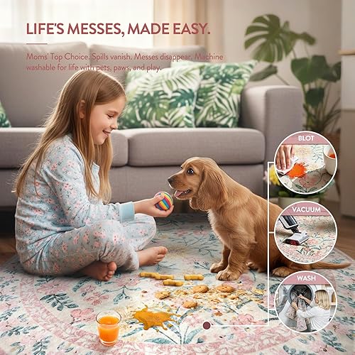 Miniatura 5 de Lahome - Alfombra redonda bóhema de color rosa claro de 4 pies, alfombras pequeñas circulares lavables para dormitorio de niños, alfombra circular