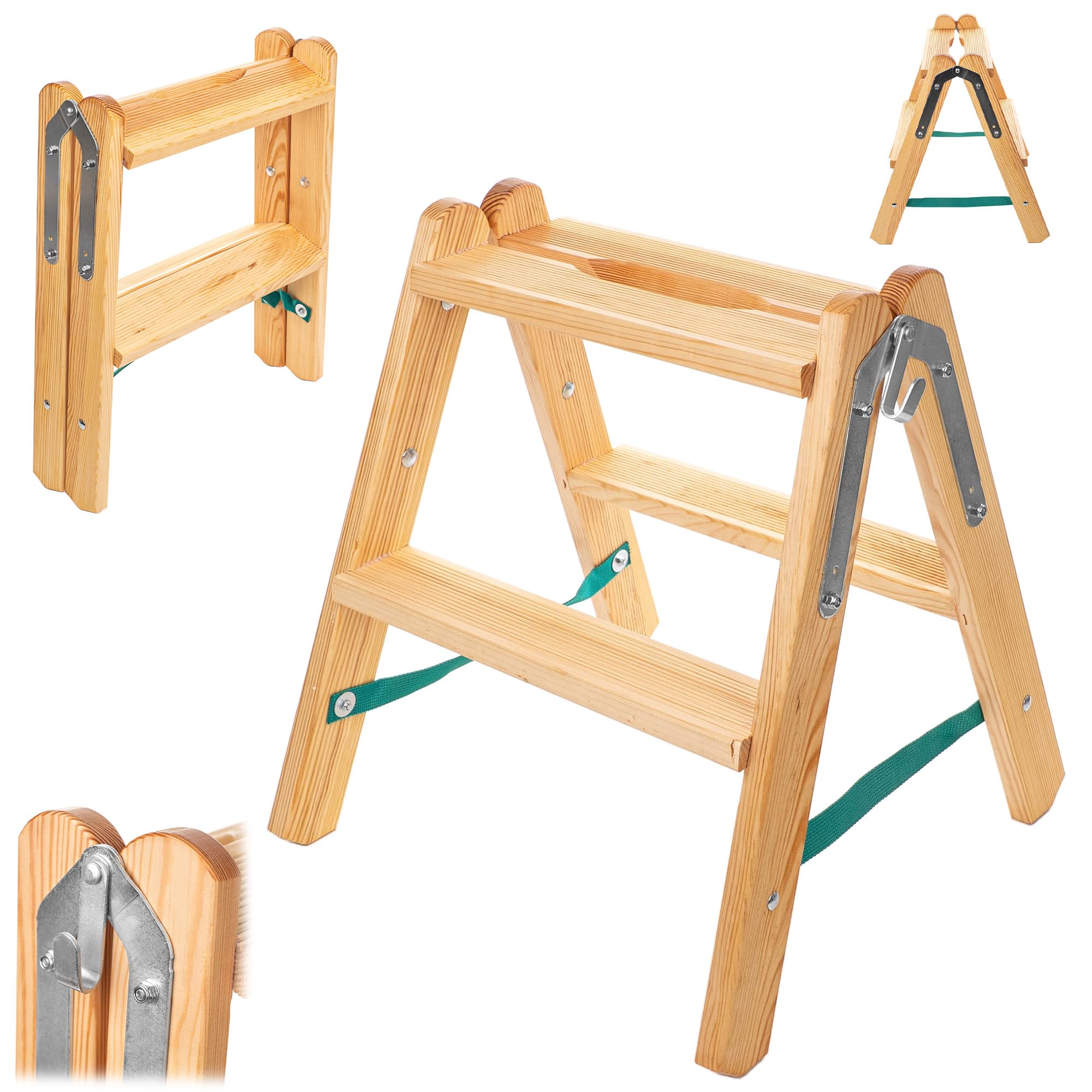 KADAX Wooden ladder with 2 rungs, wooden stepladder, trestle ladder, folding ladder, household ladder, small folding ladder, painter's ladder