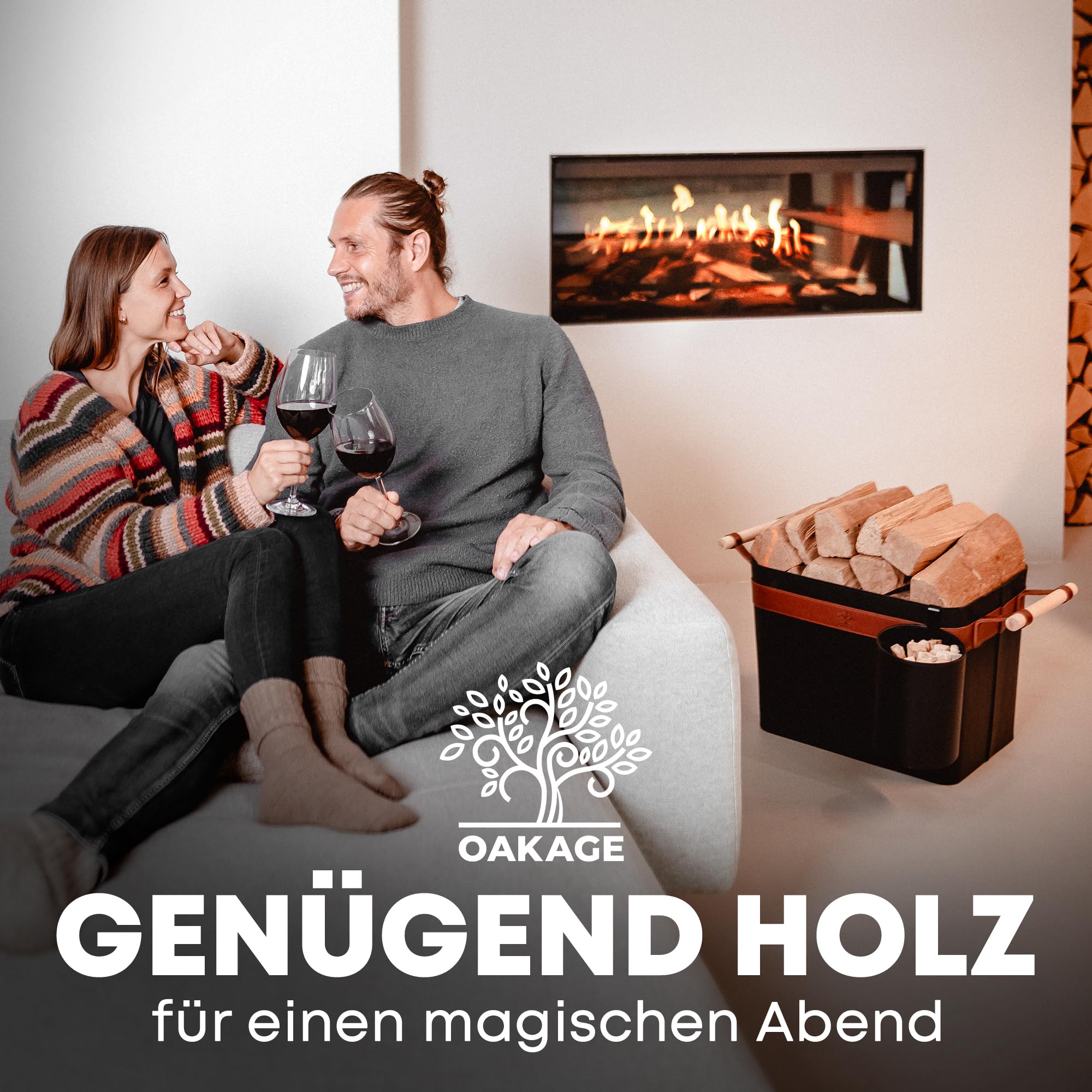 OAKAGE® Holzkorb für Kaminholz Groß aus veganem Leder Kaminholzkorb Feuerholzkorb Brennholzkorb Kaminkorb | Korb Bundle