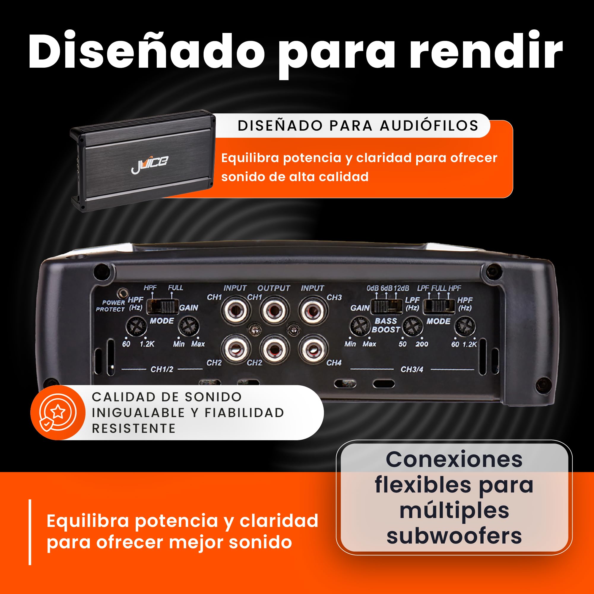 Juice Car Audio JA1504 - Amplificador de 4 canales para coche, 1500 W, 4 canales