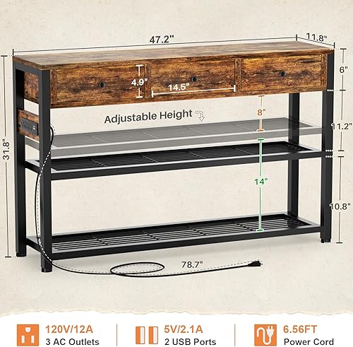 Miniatura 3 de Ecoprsio Mesa de entrada de 47 pulgadas con salidas y puertos USB, mesa consola con 3 cajones, mesa de sofá estrecha larga con estantes de Marrón