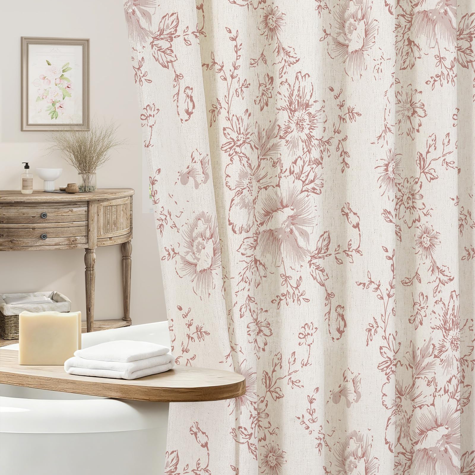 Craidlela Farmhouse Floral Shower Curtain, Pink Linen Shower Curtains, Vintage Cottagecore Shower Curtain for Bathroom, Tan Taupe, 72x72